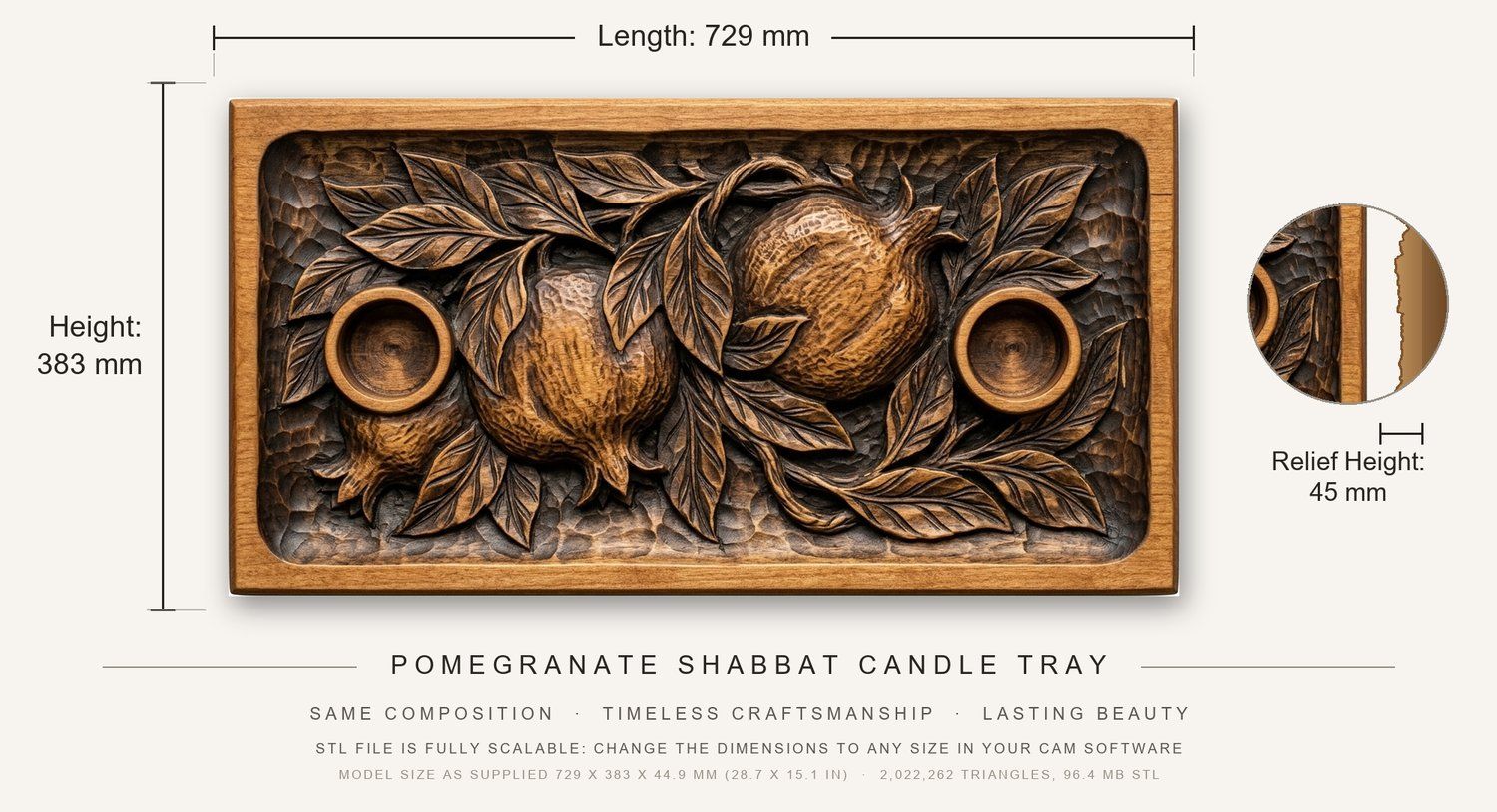 Pomegranate Shabbat Candle Tray CNC Relief STL bas-relief STL — view 3