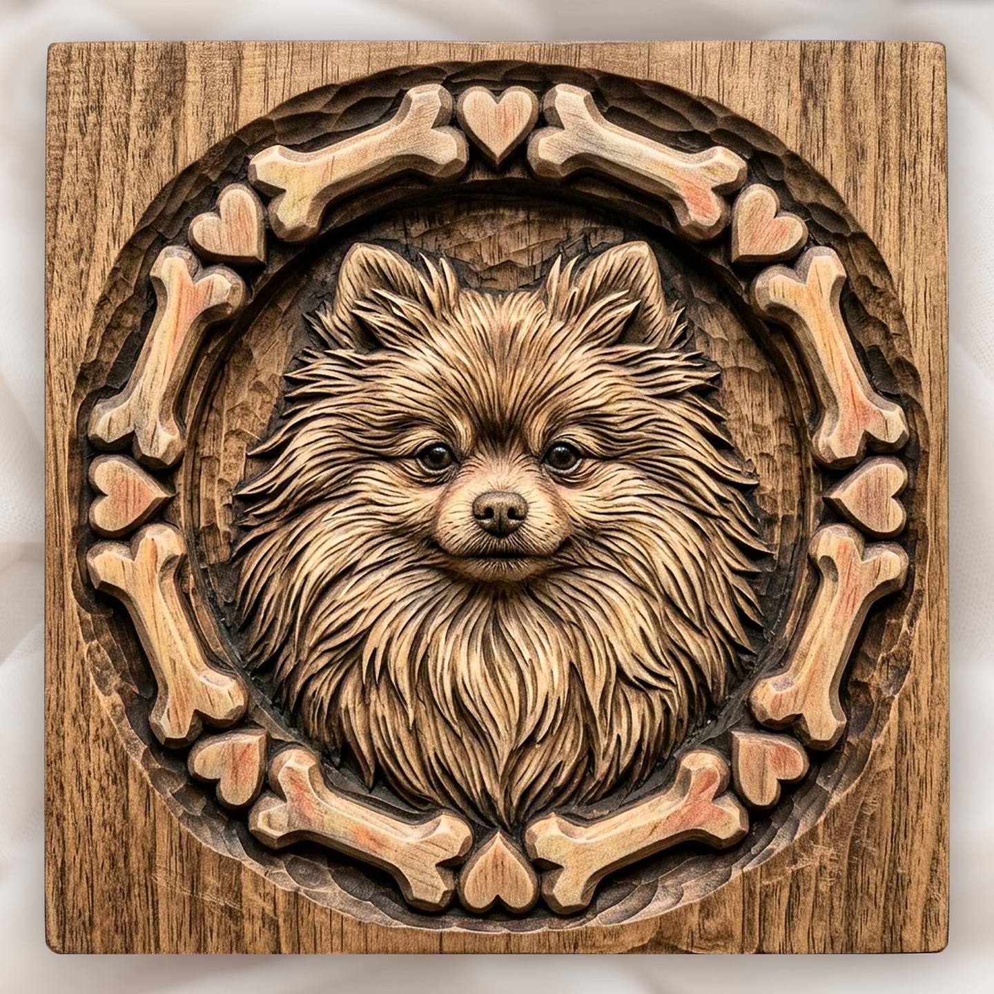 Pomeranian Dog Portrait Bone and Heart Frame CNC Relief STL