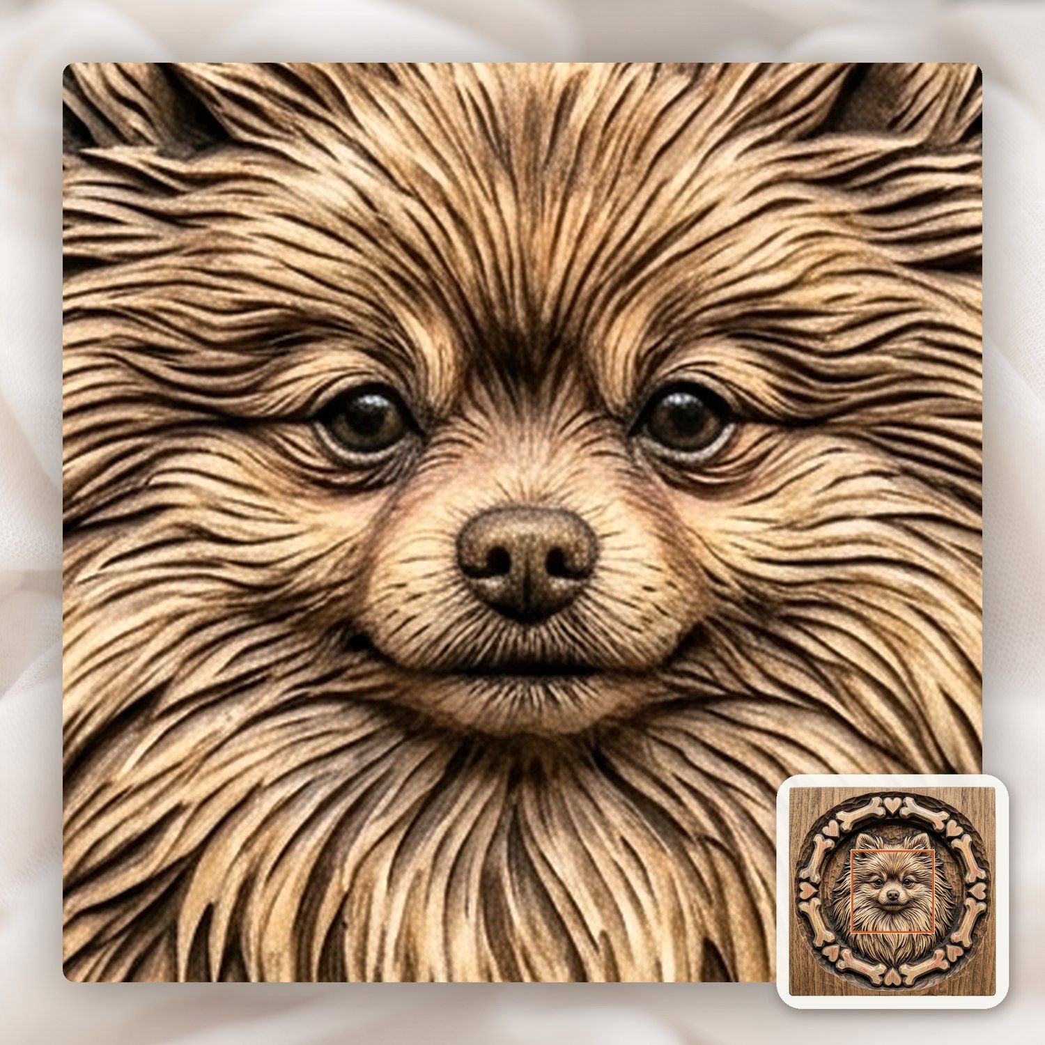 Pomeranian Dog Portrait Bone and Heart Frame CNC Relief STL bas-relief STL — view 11