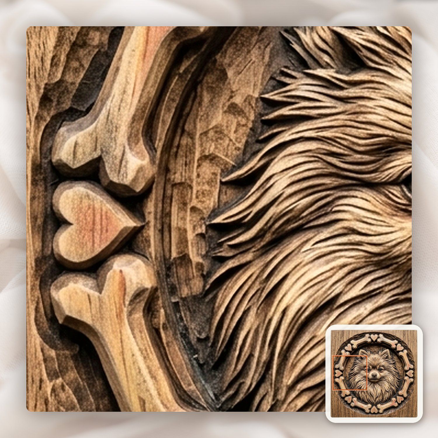 Pomeranian Dog Portrait Bone and Heart Frame CNC Relief STL bas-relief STL — view 12