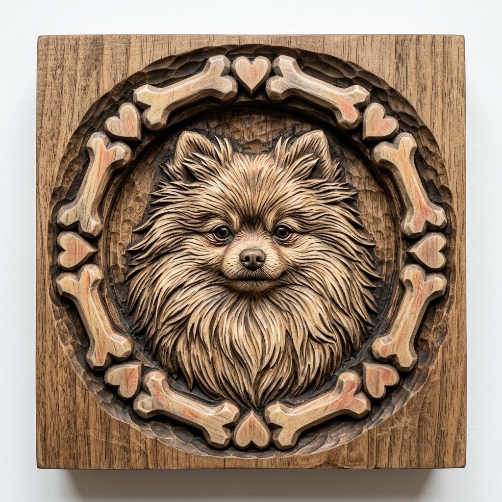 Pomeranian Dog Portrait Bone and Heart Frame CNC Relief STL bas-relief STL — view 14