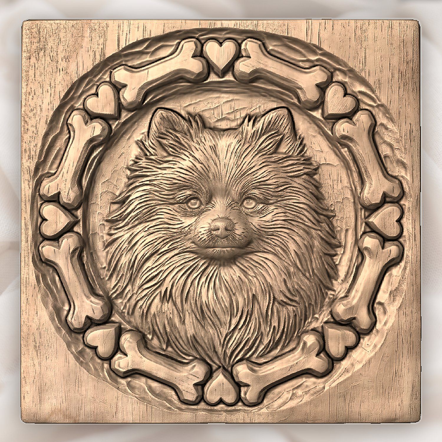 Pomeranian Dog Portrait Bone and Heart Frame CNC Relief STL bas-relief STL — view 4