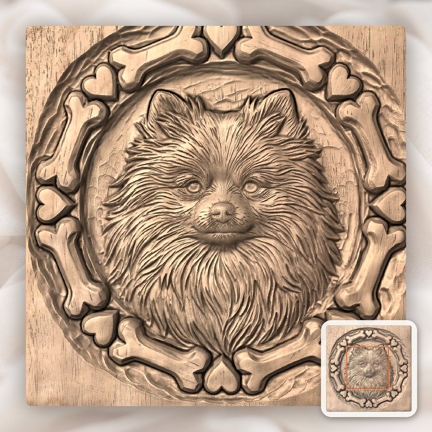 Pomeranian Dog Portrait Bone and Heart Frame CNC Relief STL bas-relief STL — view 6