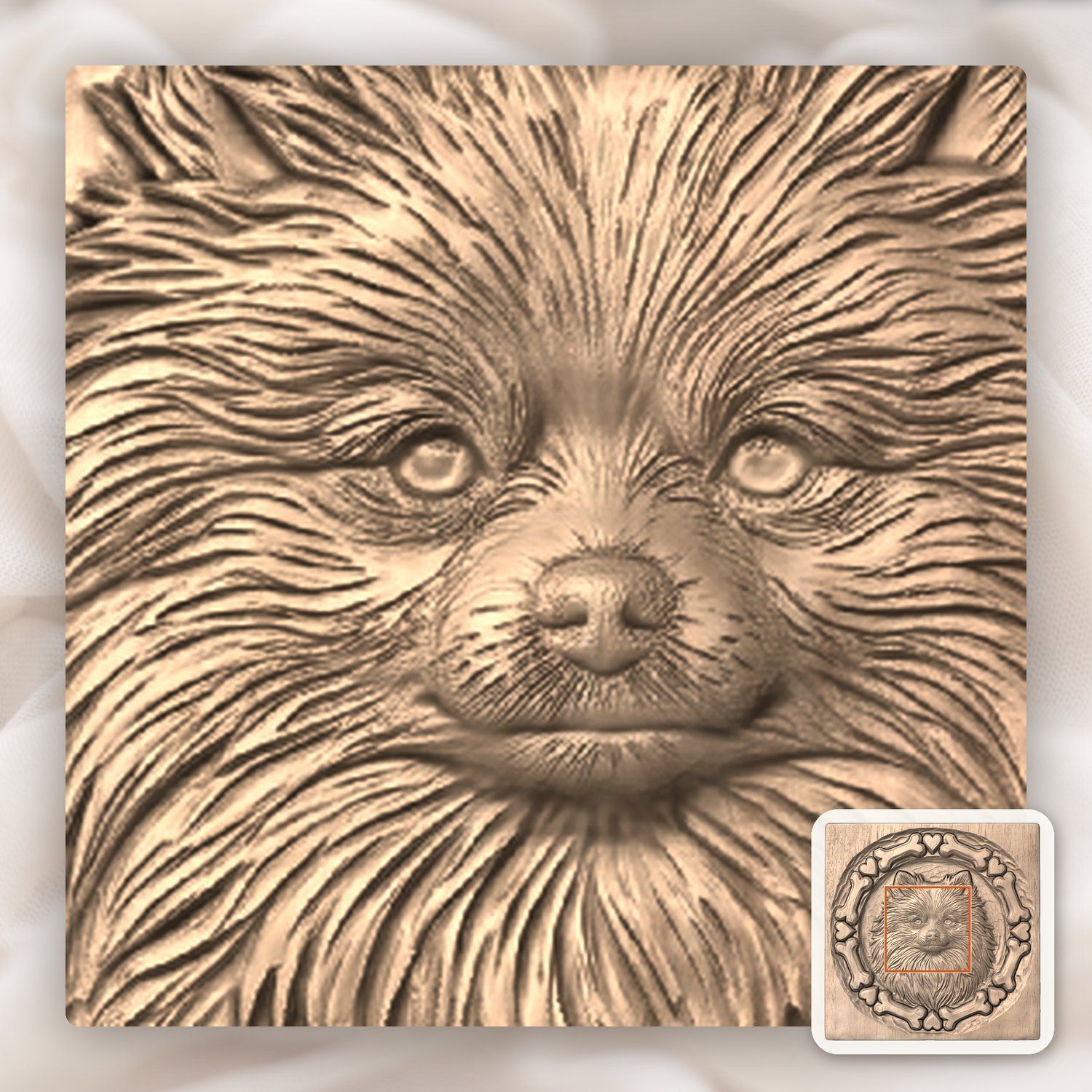 Pomeranian Dog Portrait Bone and Heart Frame CNC Relief STL bas-relief STL — view 7