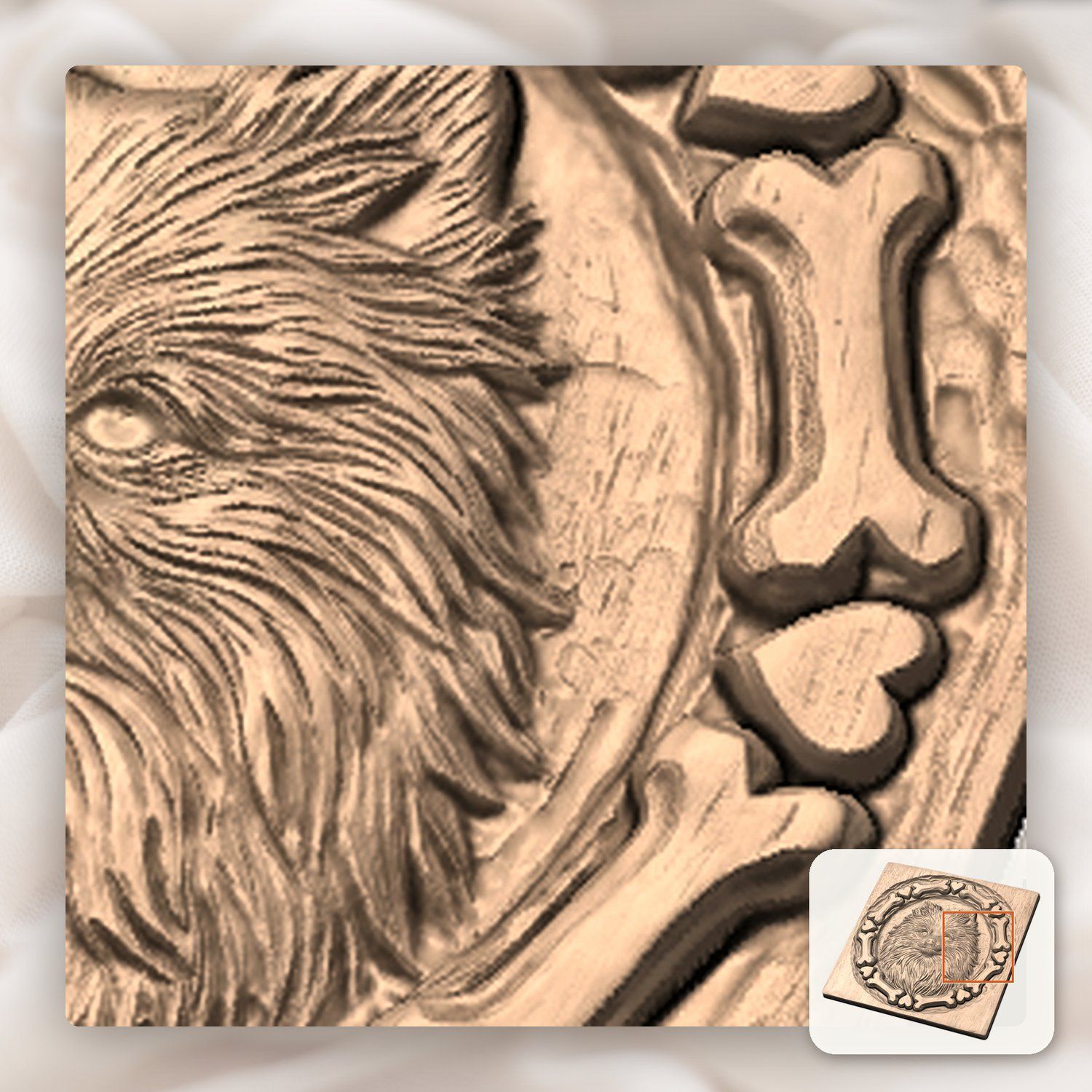 Pomeranian Dog Portrait Bone and Heart Frame CNC Relief STL bas-relief STL — view 10
