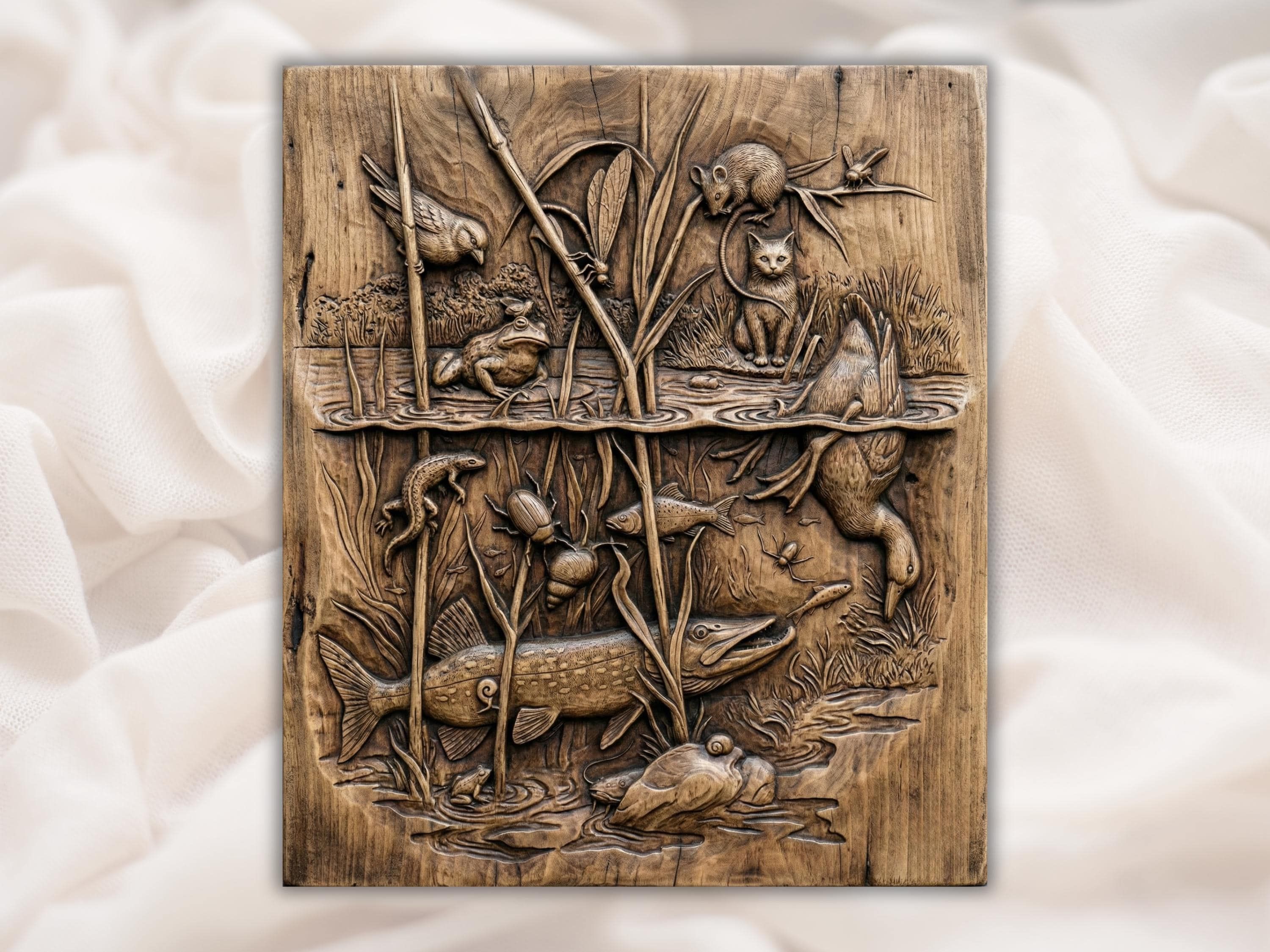 Bas-relief wood carving of a pond scene with pike, trout, frog, dragonfly, cat, mouse, beetles and reeds split at the waterline.