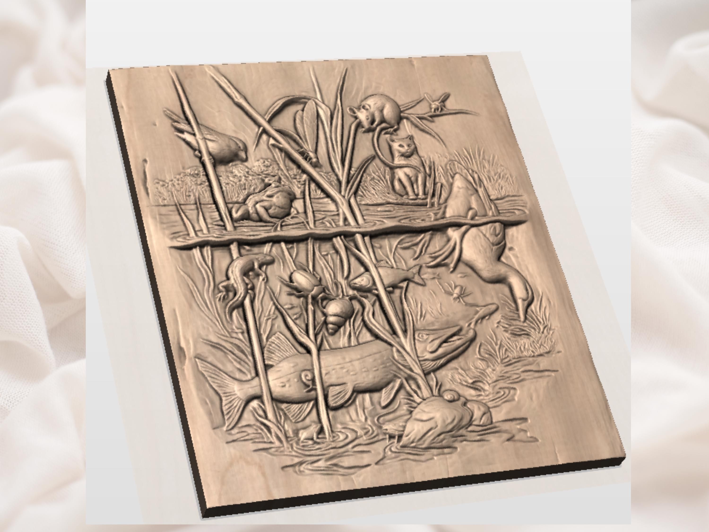 Pond Life Above and Below STL: Pike, Frog, Cat, Dragonfly Relief bas-relief STL — view 2