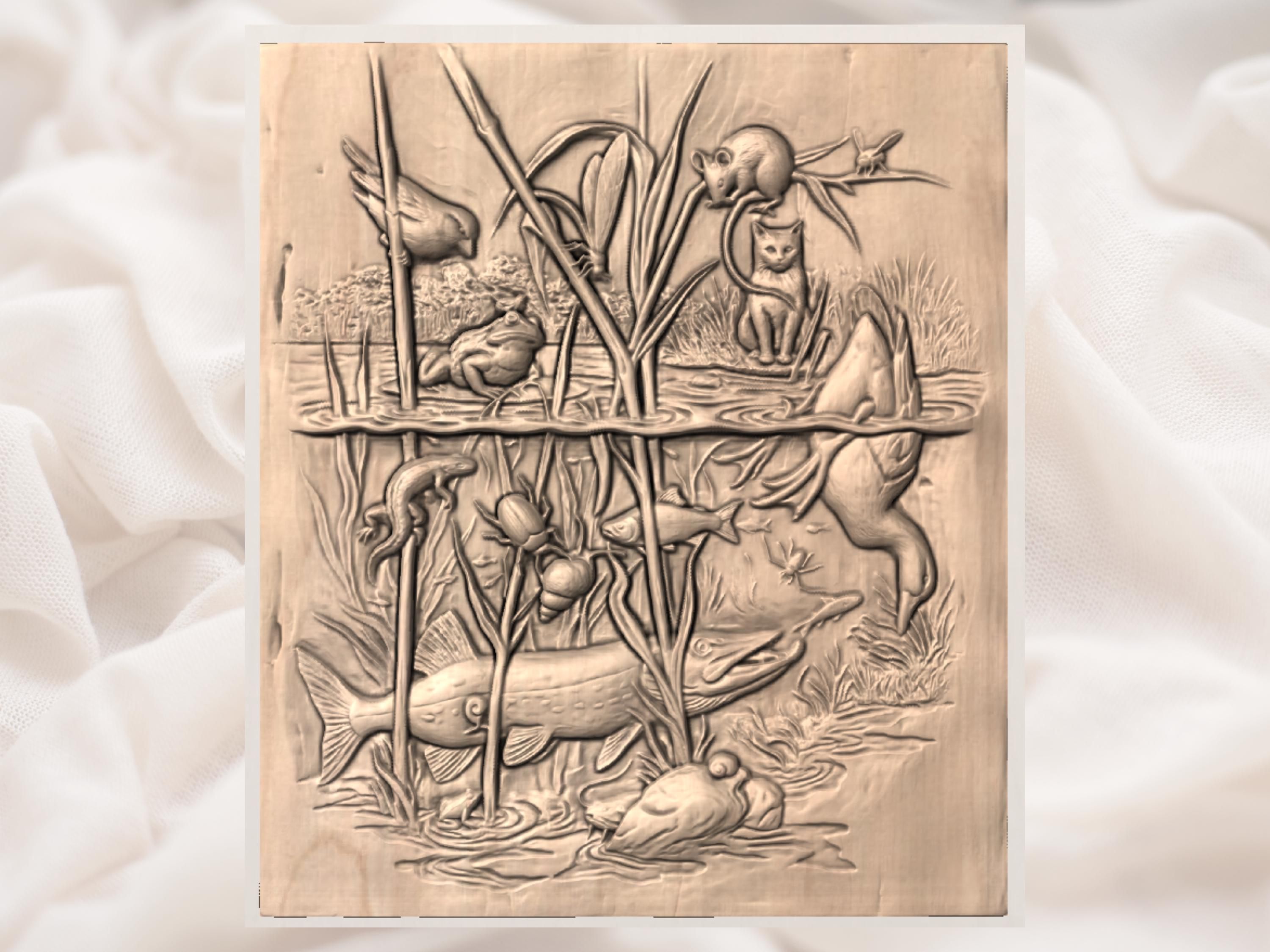 Pond Life Above and Below STL: Pike, Frog, Cat, Dragonfly Relief bas-relief STL — view 3