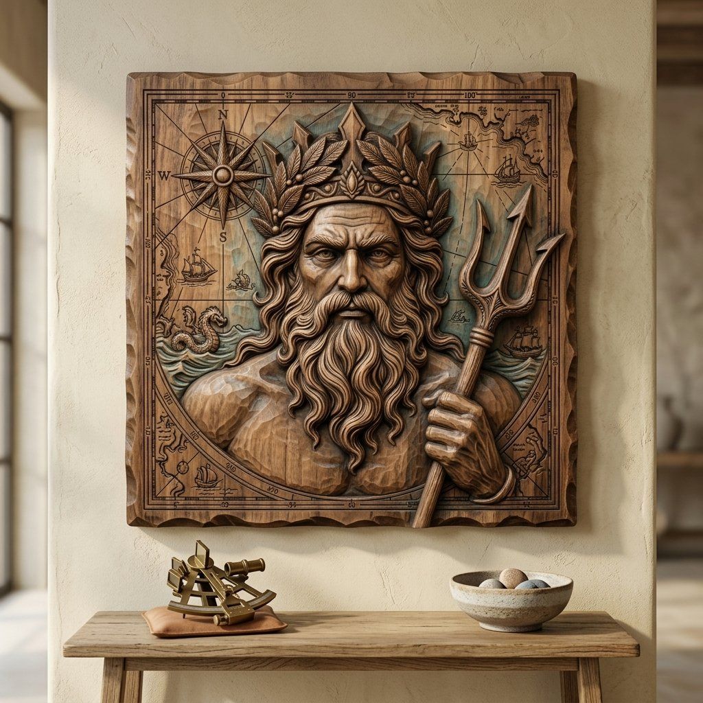 Poseidon Neptune Sea God Nautical Map CNC Relief STL bas-relief STL — view 12