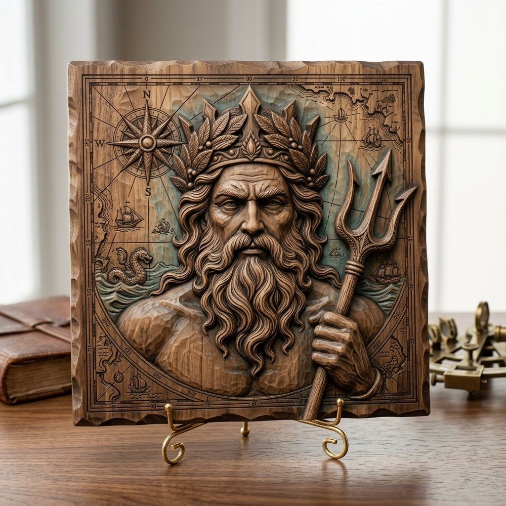 Poseidon Neptune Sea God Nautical Map CNC Relief STL bas-relief STL — view 13