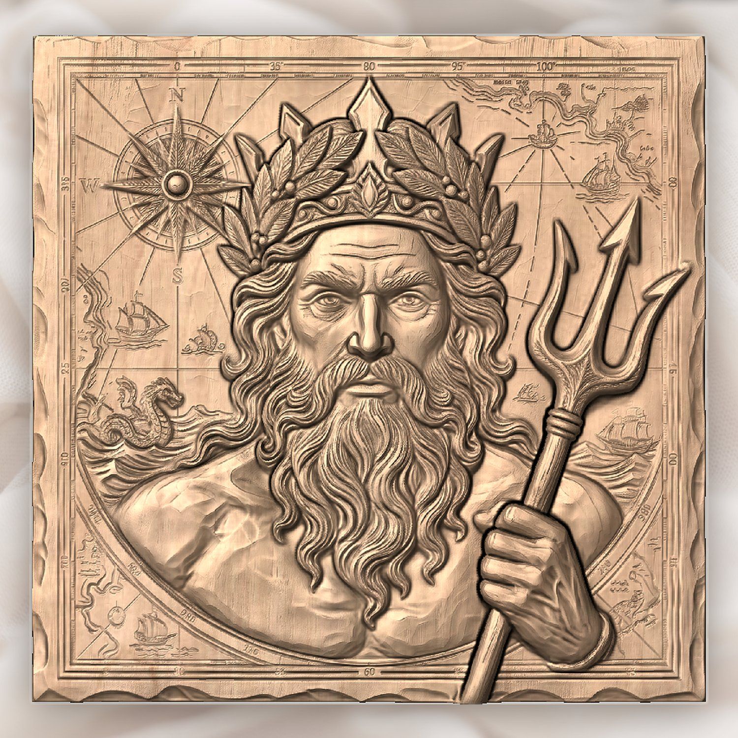Poseidon Neptune Sea God Nautical Map CNC Relief STL bas-relief STL — view 3