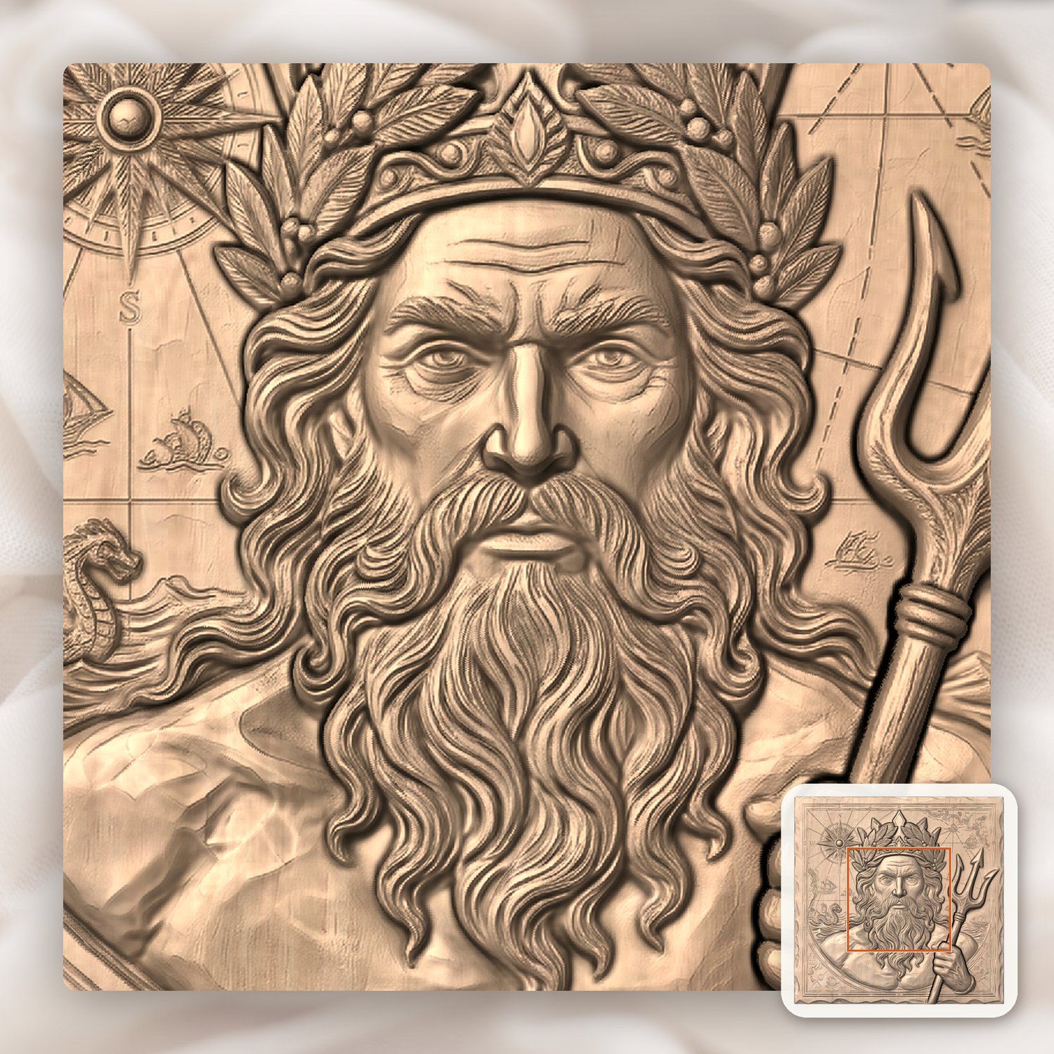 Poseidon Neptune Sea God Nautical Map CNC Relief STL bas-relief STL — view 5