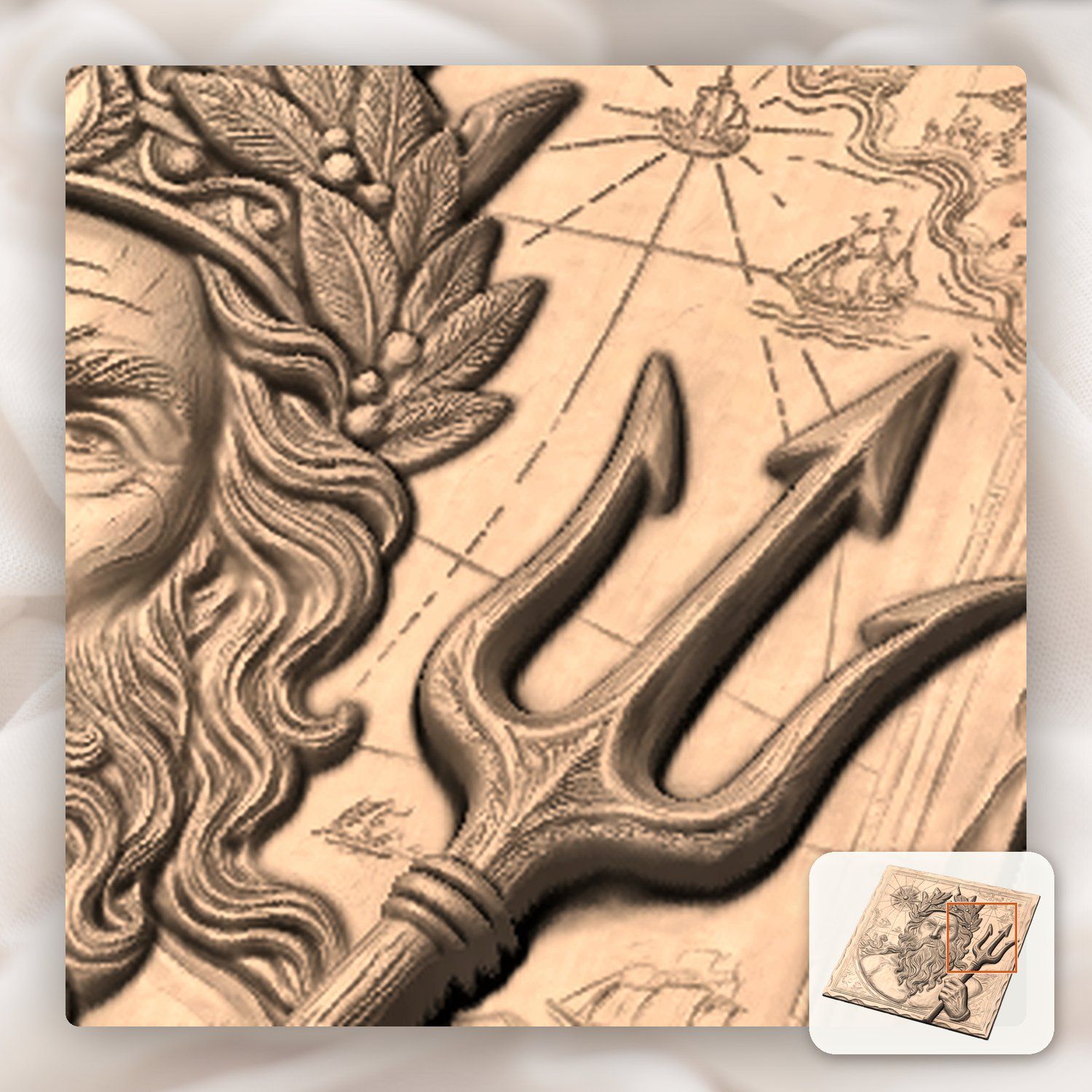 Poseidon Neptune Sea God Nautical Map CNC Relief STL bas-relief STL — view 9