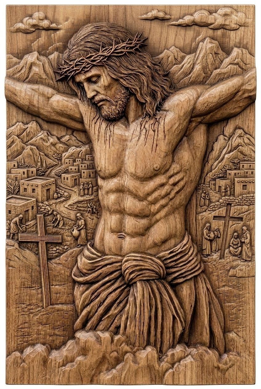 Powerful Jesus Christ Crucifixion Scene CNC Relief STL | Religious Wood Carving Design | Sacred Passion Wall Art Panel — carved bas relief STL file for CNC