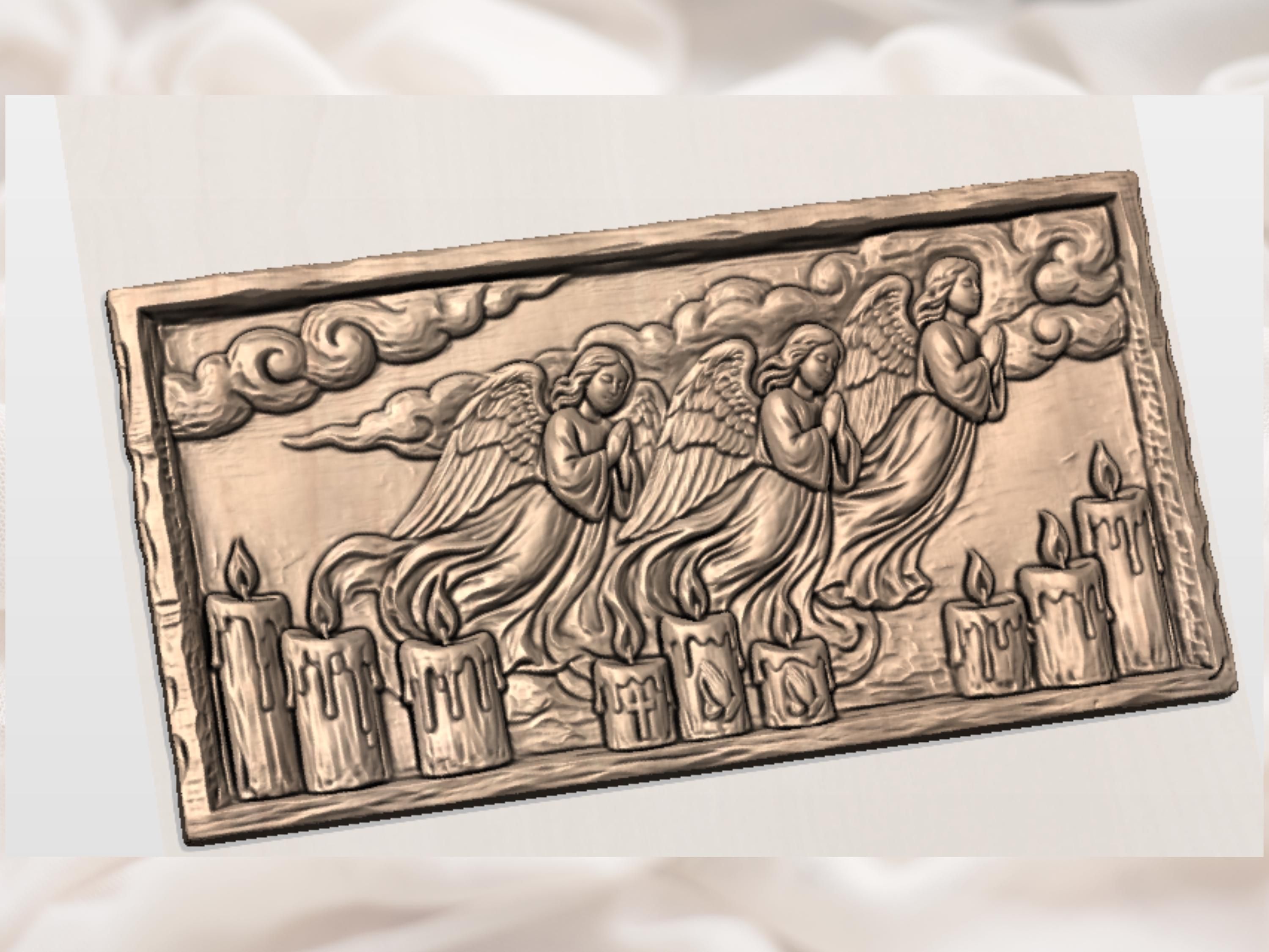 Praying Angels Over Candles Bas Relief STL Carving File bas-relief STL — view 2