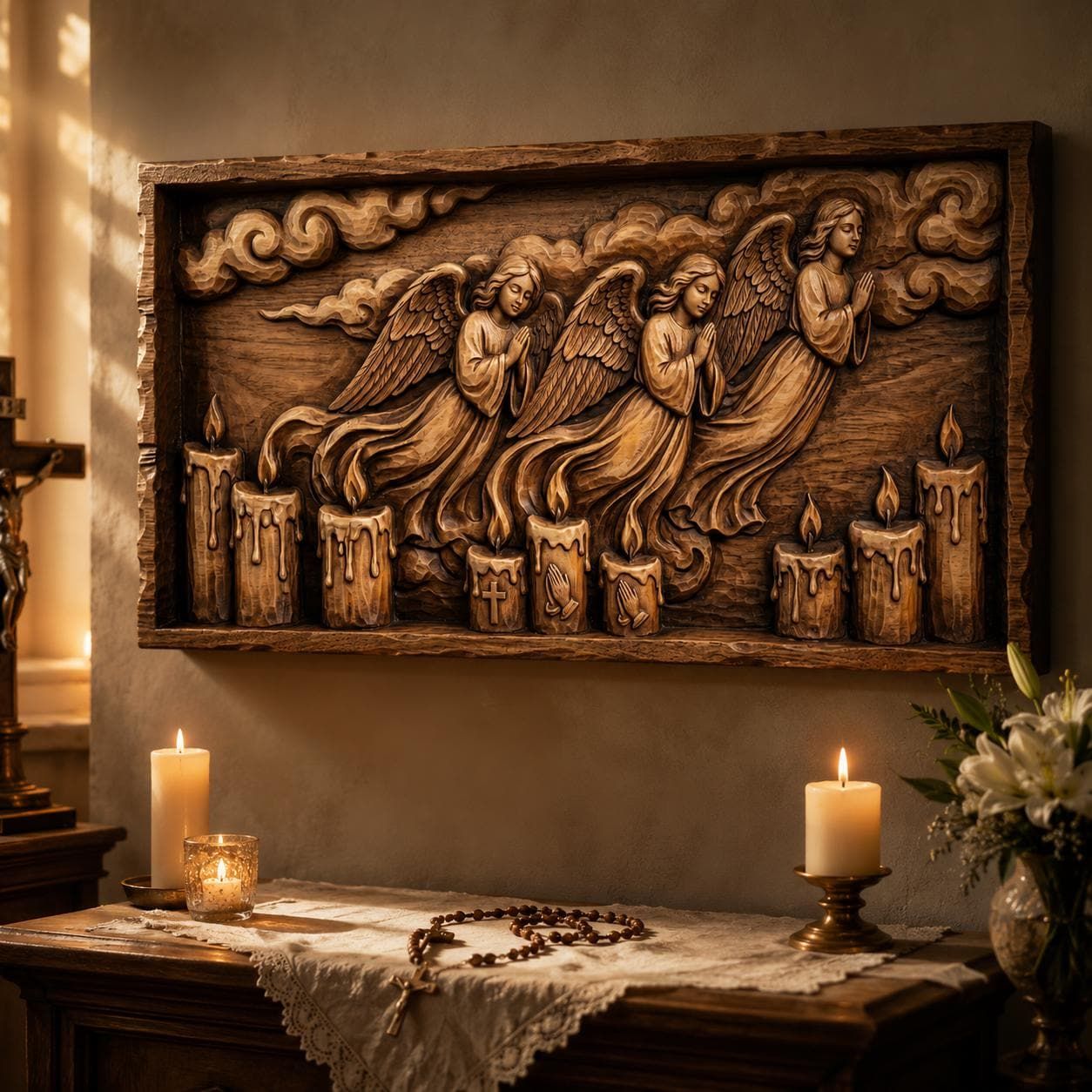 Praying Angels Over Candles Bas Relief STL Carving File bas-relief STL — view 3