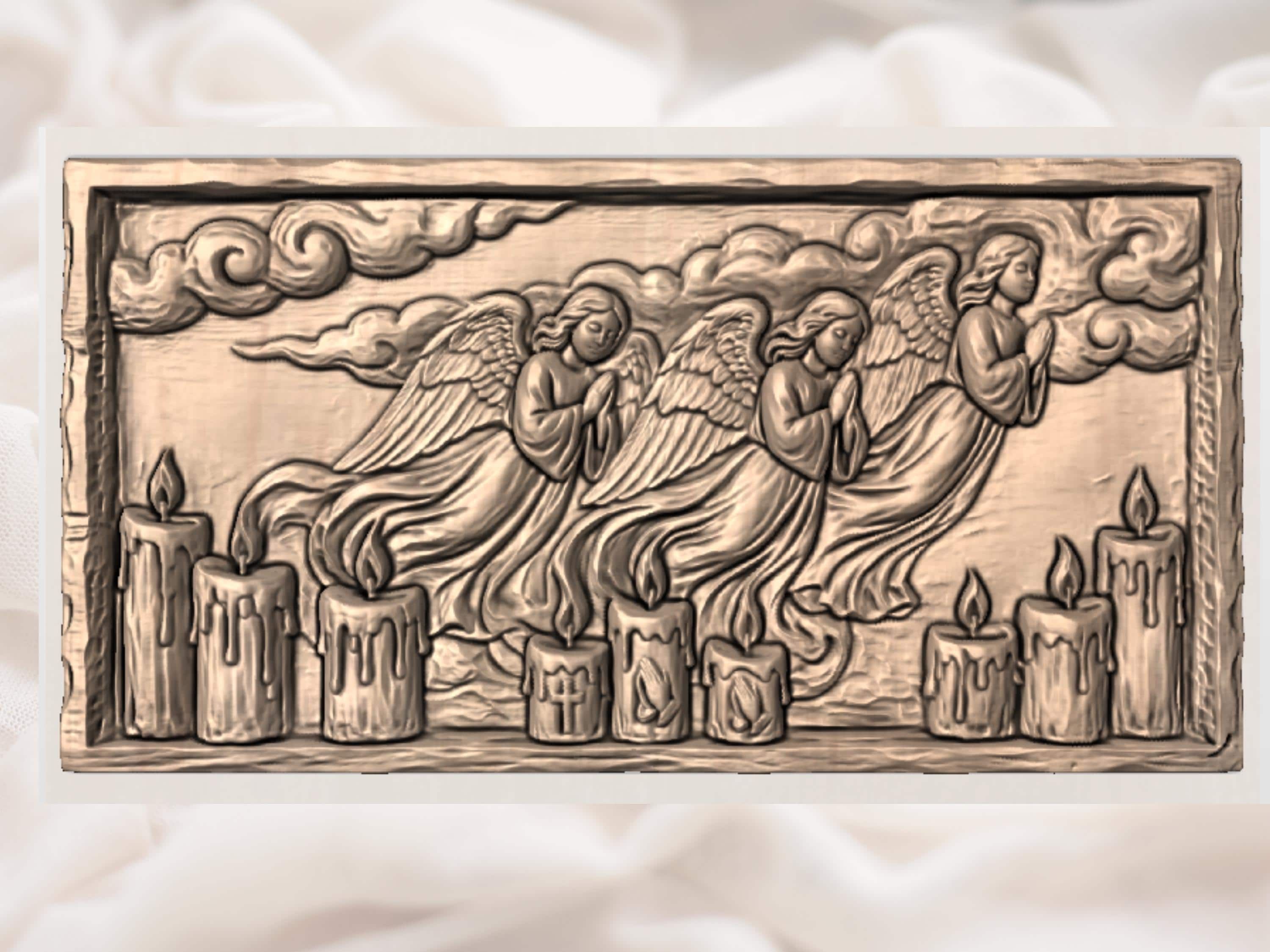 Praying Angels Over Candles Bas Relief STL Carving File bas-relief STL — view 4