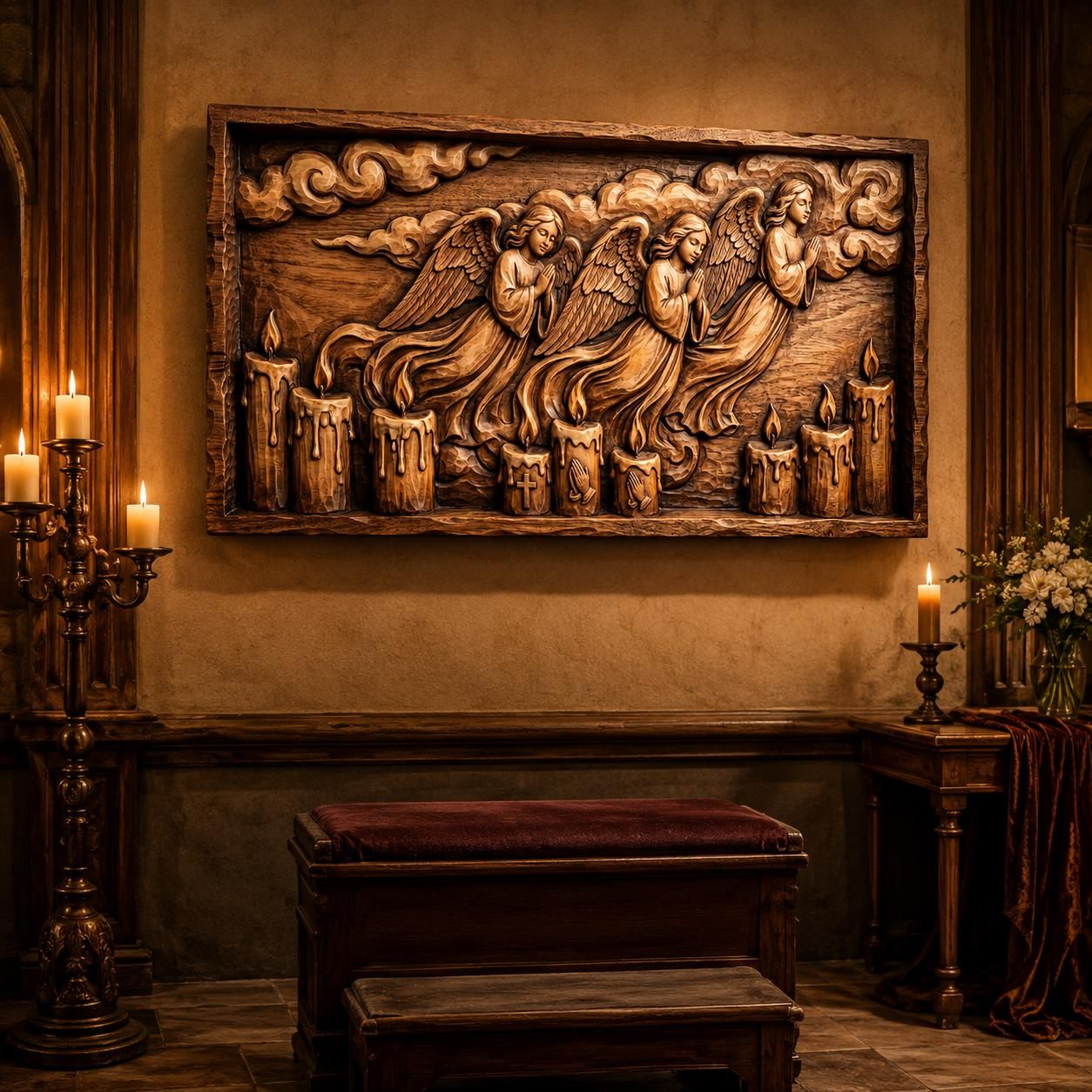 Praying Angels Over Candles Bas Relief STL Carving File bas-relief STL — view 5