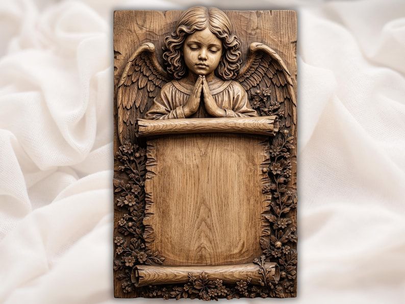 Carved praying angel child with folded hands and wings above a blank scroll panel framed by flowers