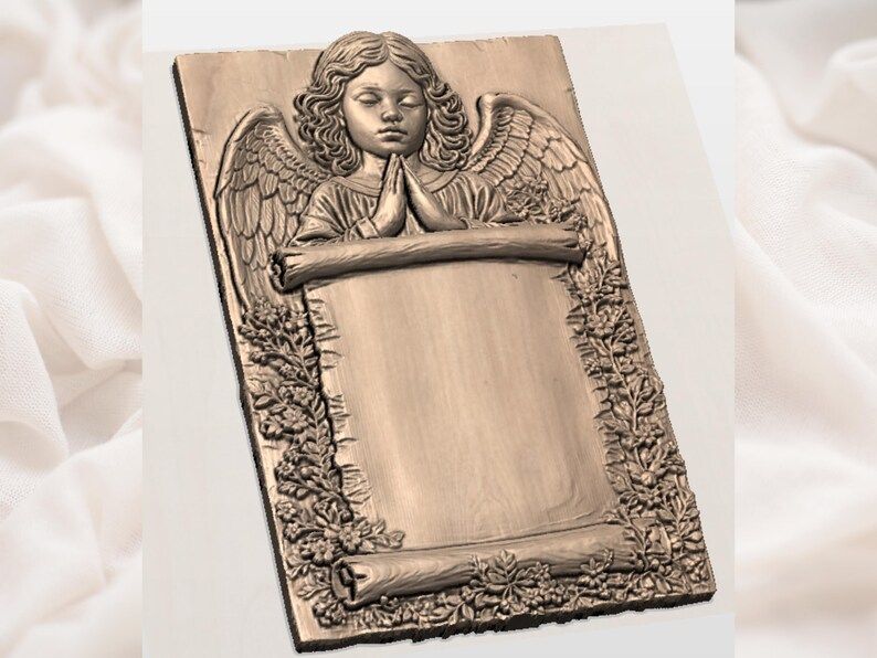 Praying Angel Child Memorial Plaque with Floral Scroll Panel STL bas-relief STL — view 2