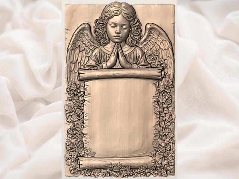 Praying Angel Child Memorial Plaque with Floral Scroll Panel STL bas-relief STL — view 3