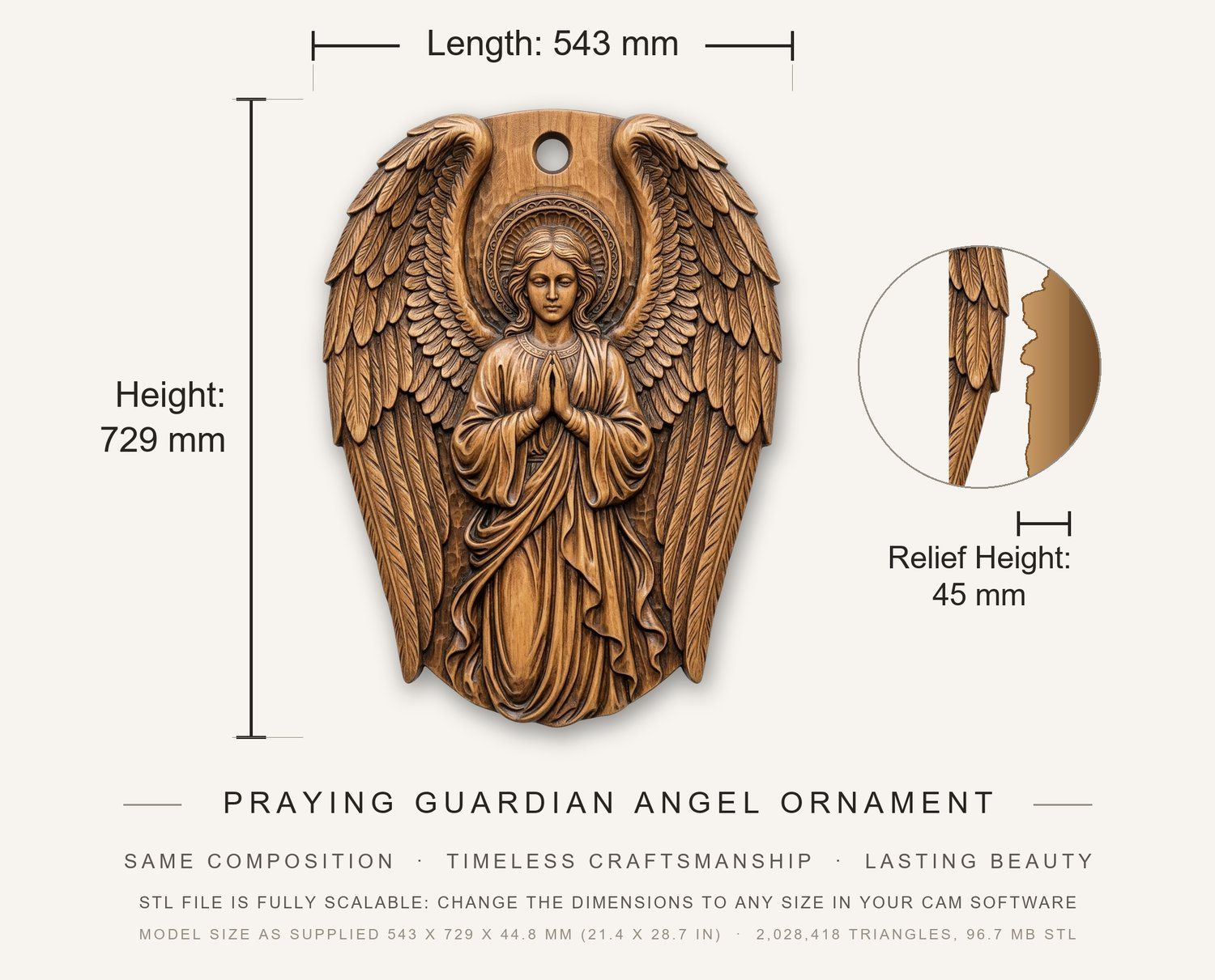 Praying Guardian Angel Ornament CNC Relief STL bas-relief STL — view 3