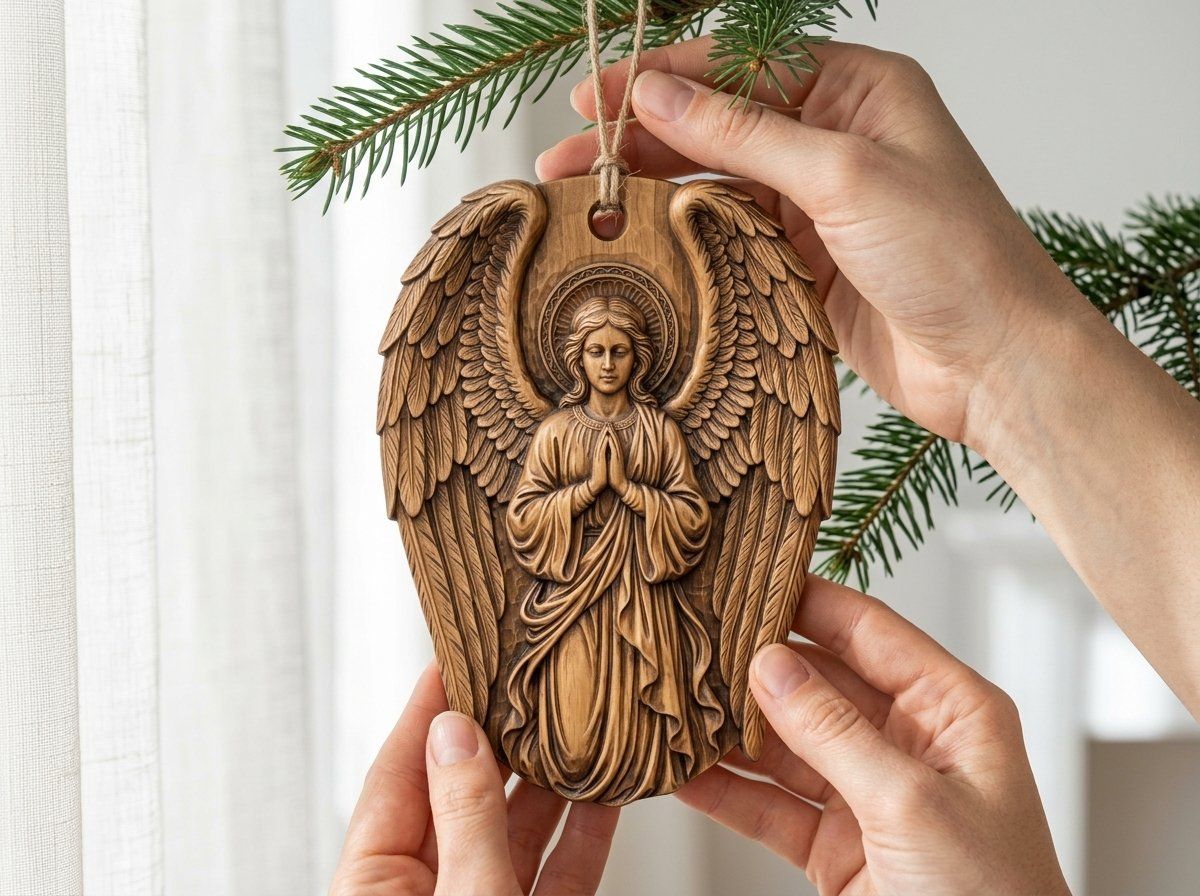 Praying Guardian Angel Ornament CNC Relief STL | Religious Christian Decor | Memorial Wood Carving Panel — carved bas relief STL file for CNC