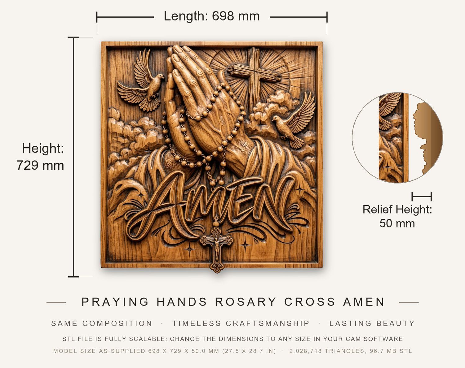 Praying Hands Rosary Cross Amen CNC Relief STL bas-relief STL — view 3