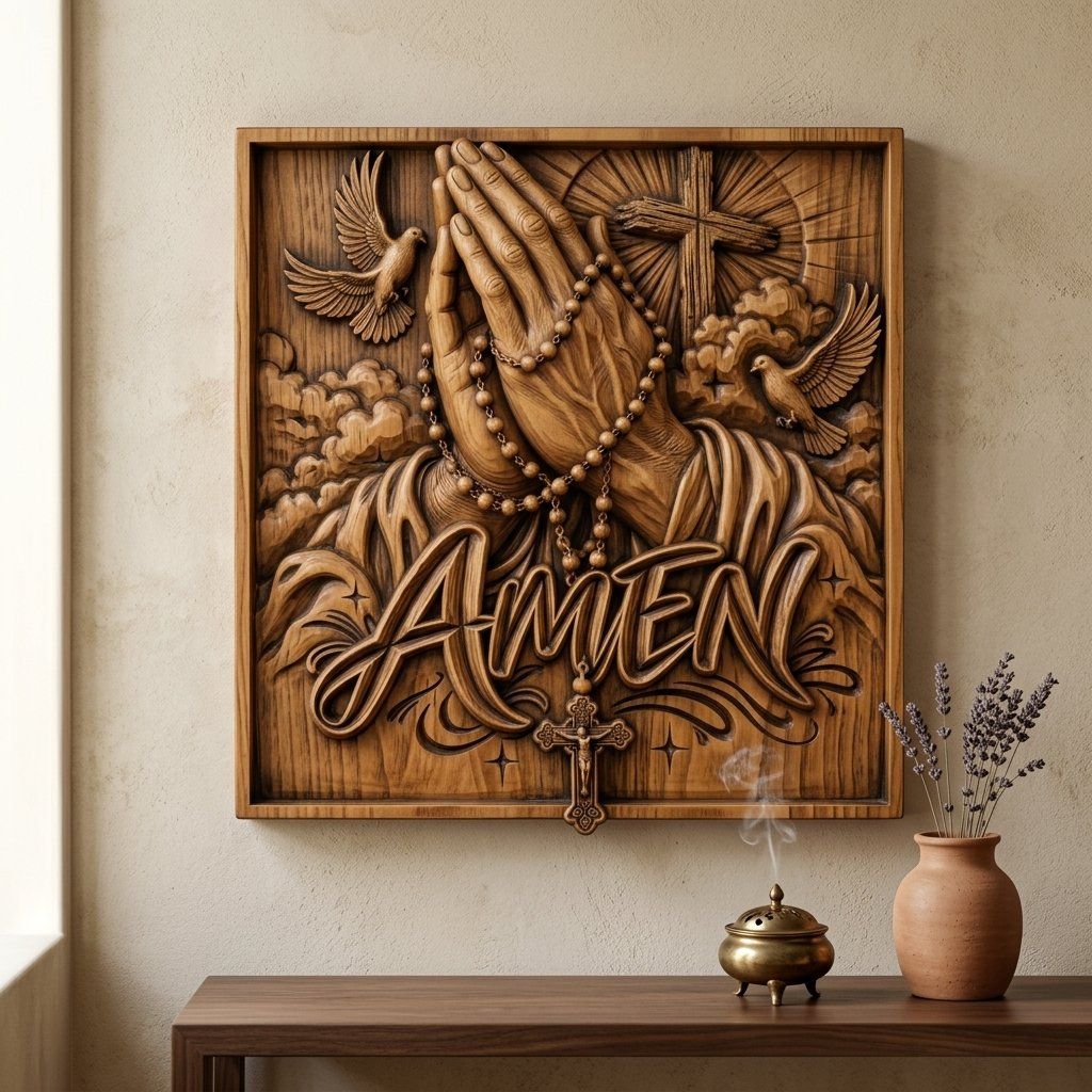 Praying Hands Rosary Cross Amen CNC Relief STL bas-relief STL — view 14