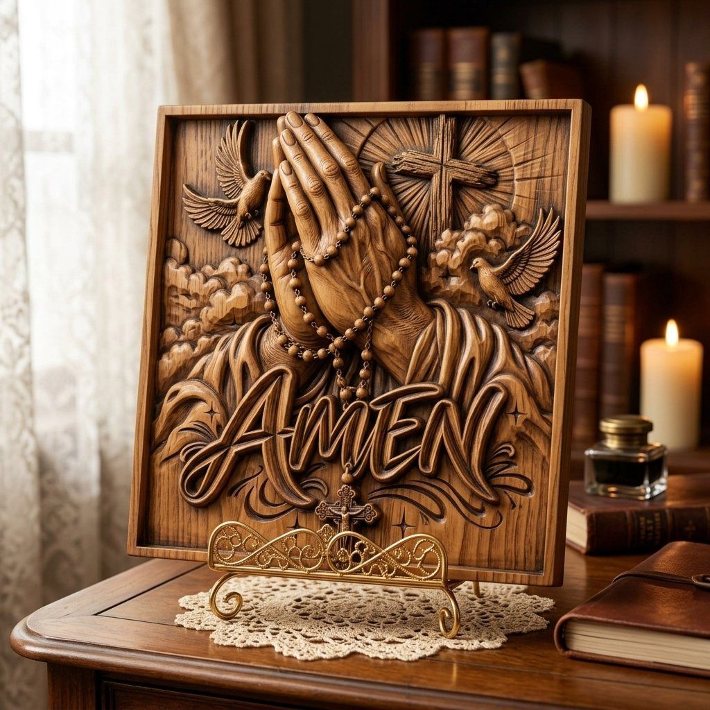 Praying Hands Rosary Cross Amen CNC Relief STL bas-relief STL — view 15