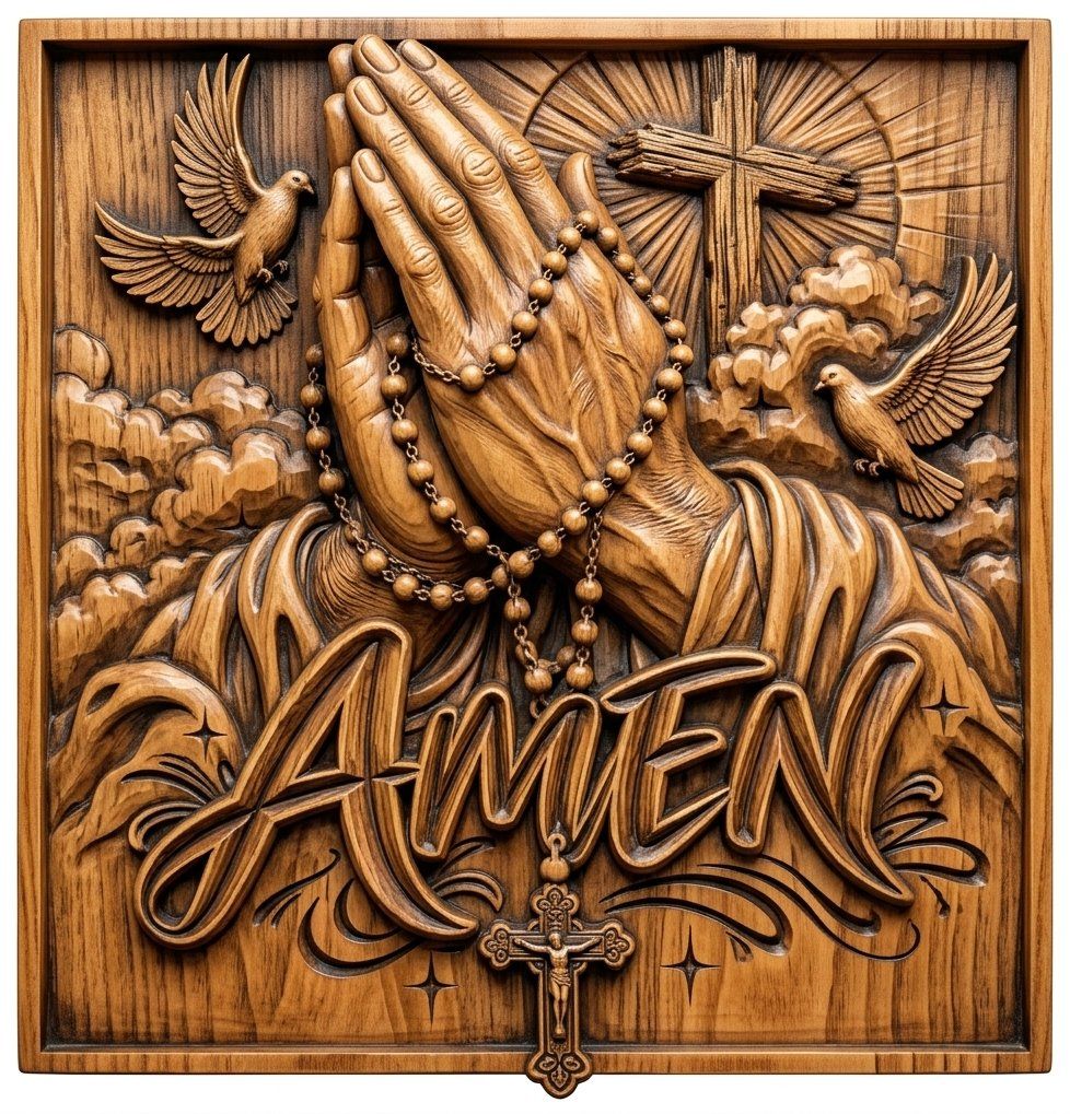 Praying Hands Rosary Cross Amen CNC Relief STL bas-relief STL — view 4