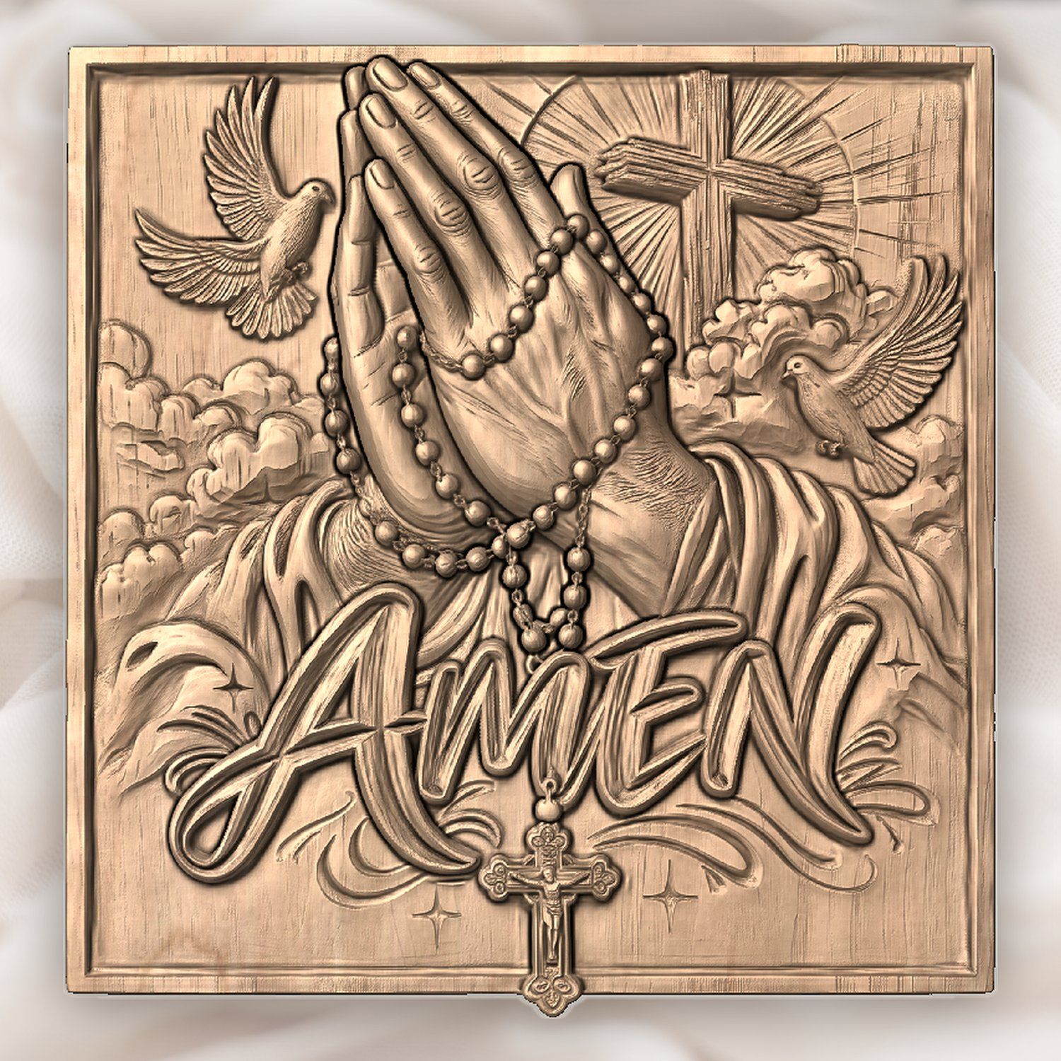Praying Hands Rosary Cross Amen CNC Relief STL bas-relief STL — view 5