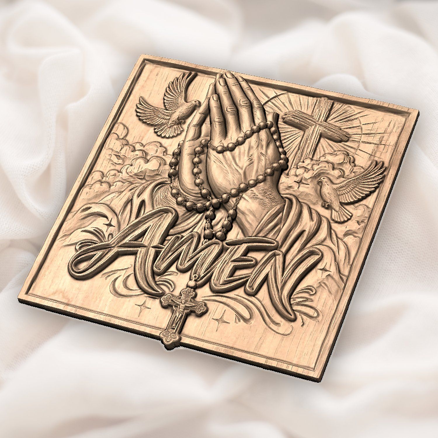 Praying Hands Rosary Cross Amen CNC Relief STL bas-relief STL — view 6