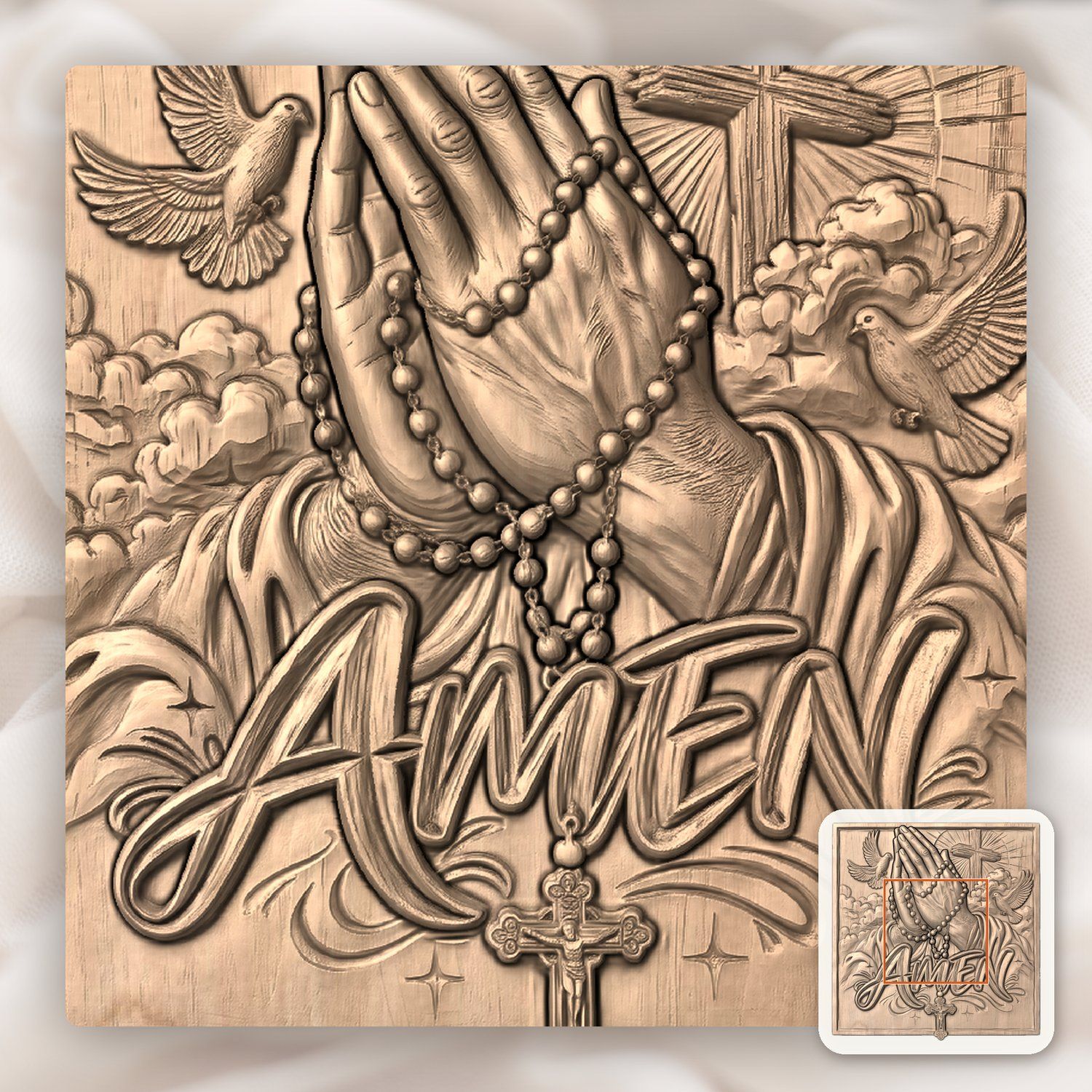 Praying Hands Rosary Cross Amen CNC Relief STL bas-relief STL — view 7
