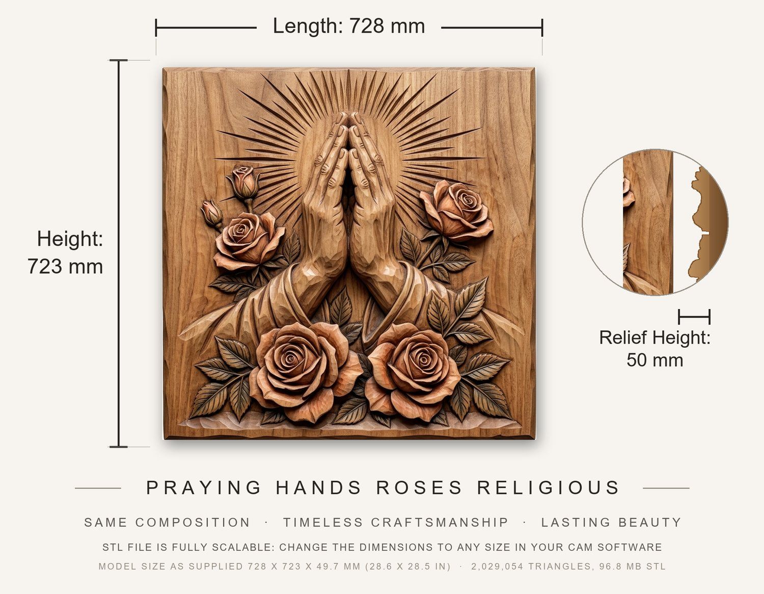 Praying Hands Roses Religious CNC Relief STL bas-relief STL — view 3