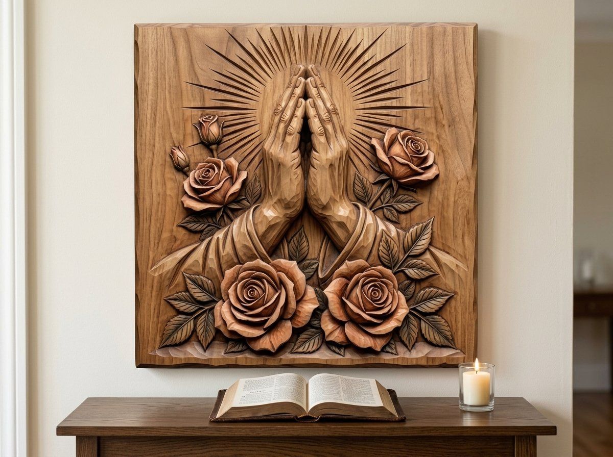 Praying Hands Roses Religious CNC Relief STL bas-relief STL — view 10
