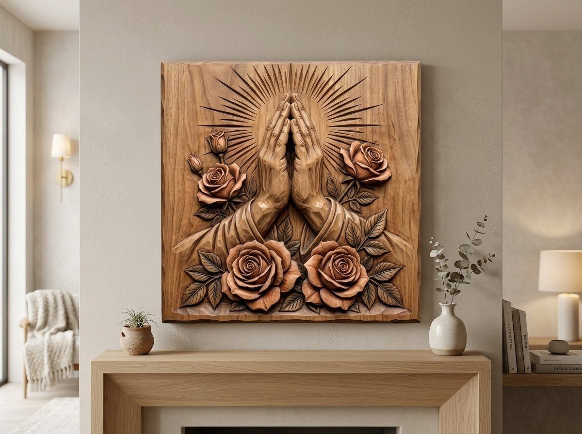 Praying Hands Roses Religious CNC Relief STL bas-relief STL — view 11
