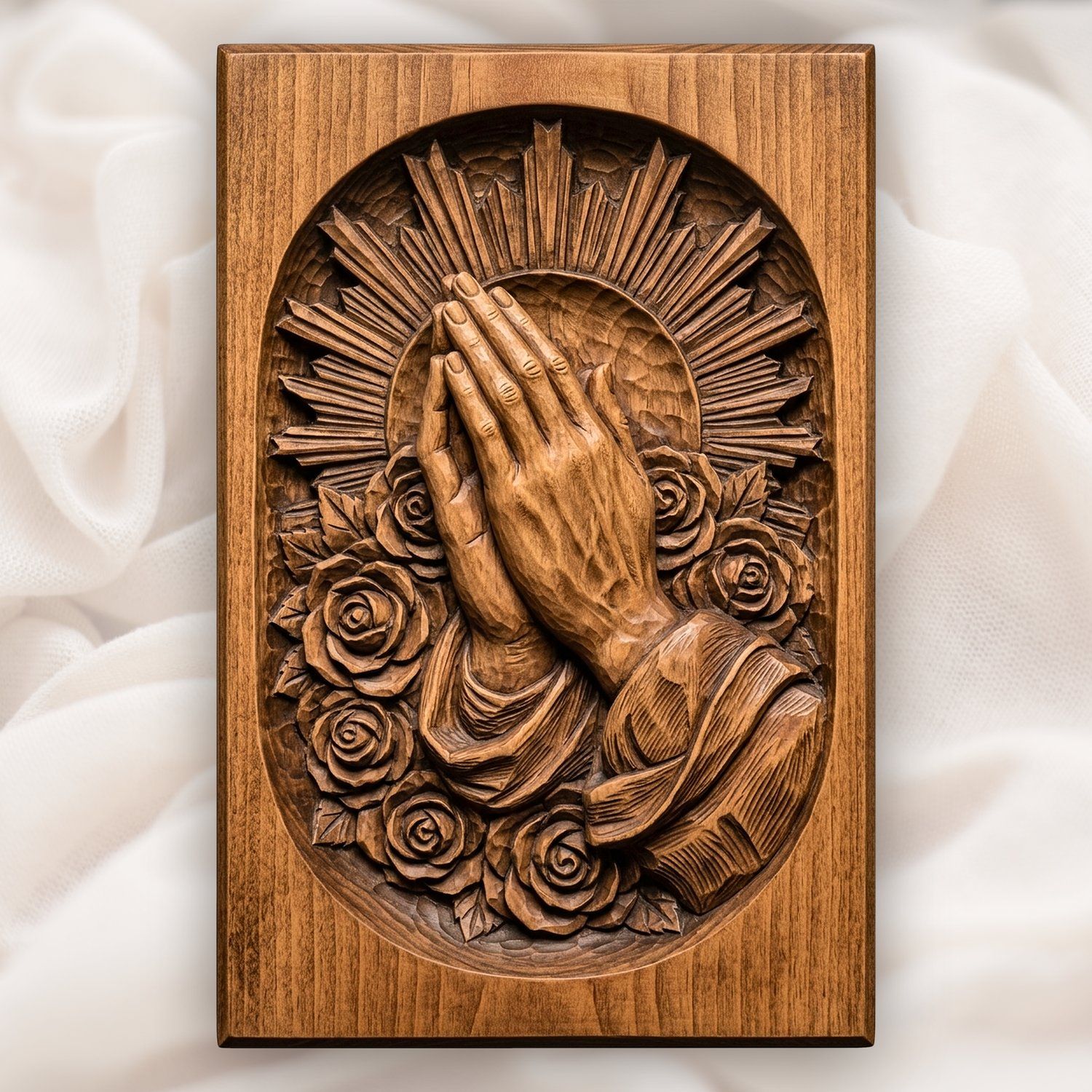 Praying Hands with Roses and Sunburst CNC Relief STL bas-relief STL design