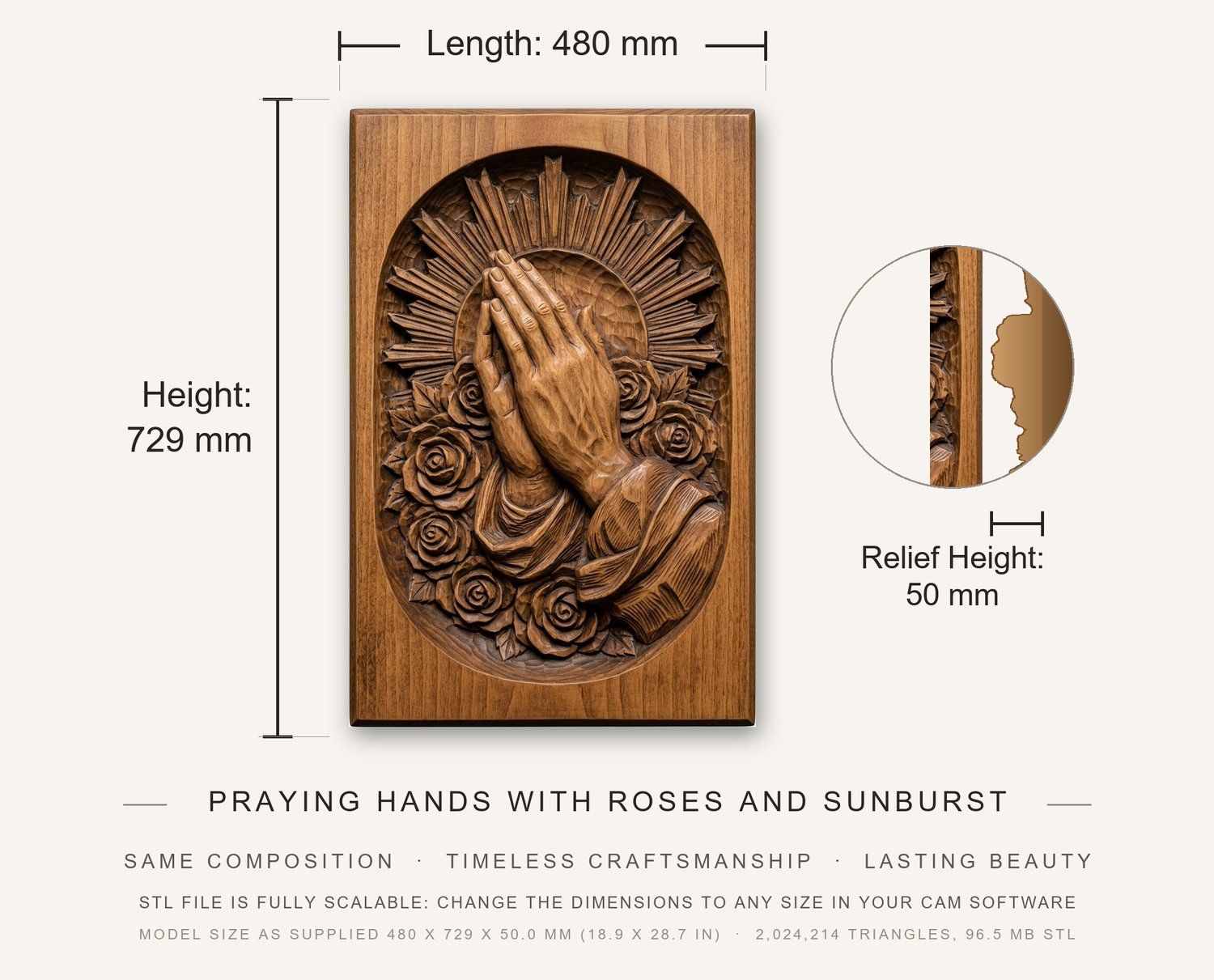 Praying Hands with Roses and Sunburst CNC Relief STL bas-relief STL — view 14