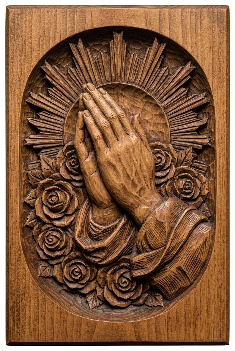 Praying Hands with Roses and Sunburst CNC Relief STL bas-relief STL — view 2