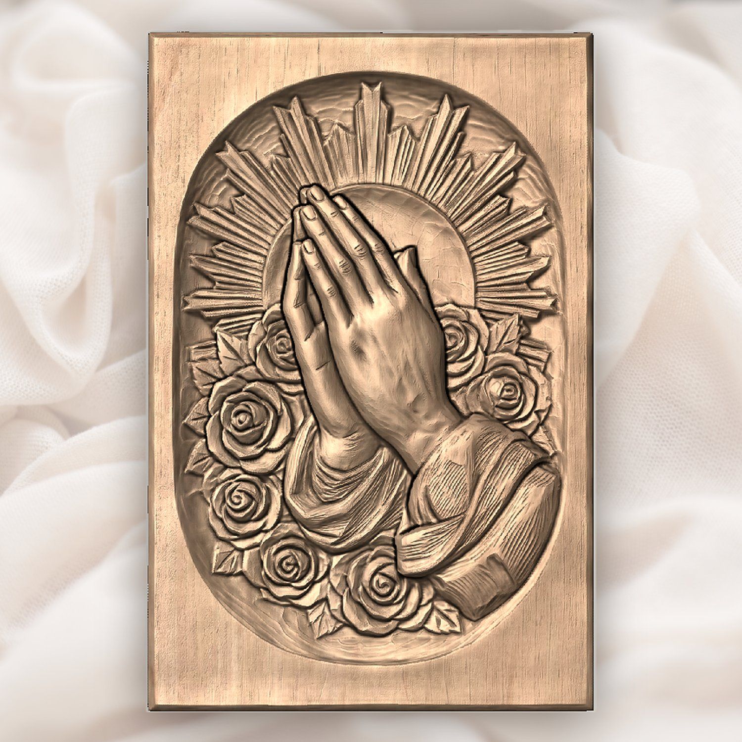 Praying Hands with Roses and Sunburst CNC Relief STL bas-relief STL — view 3