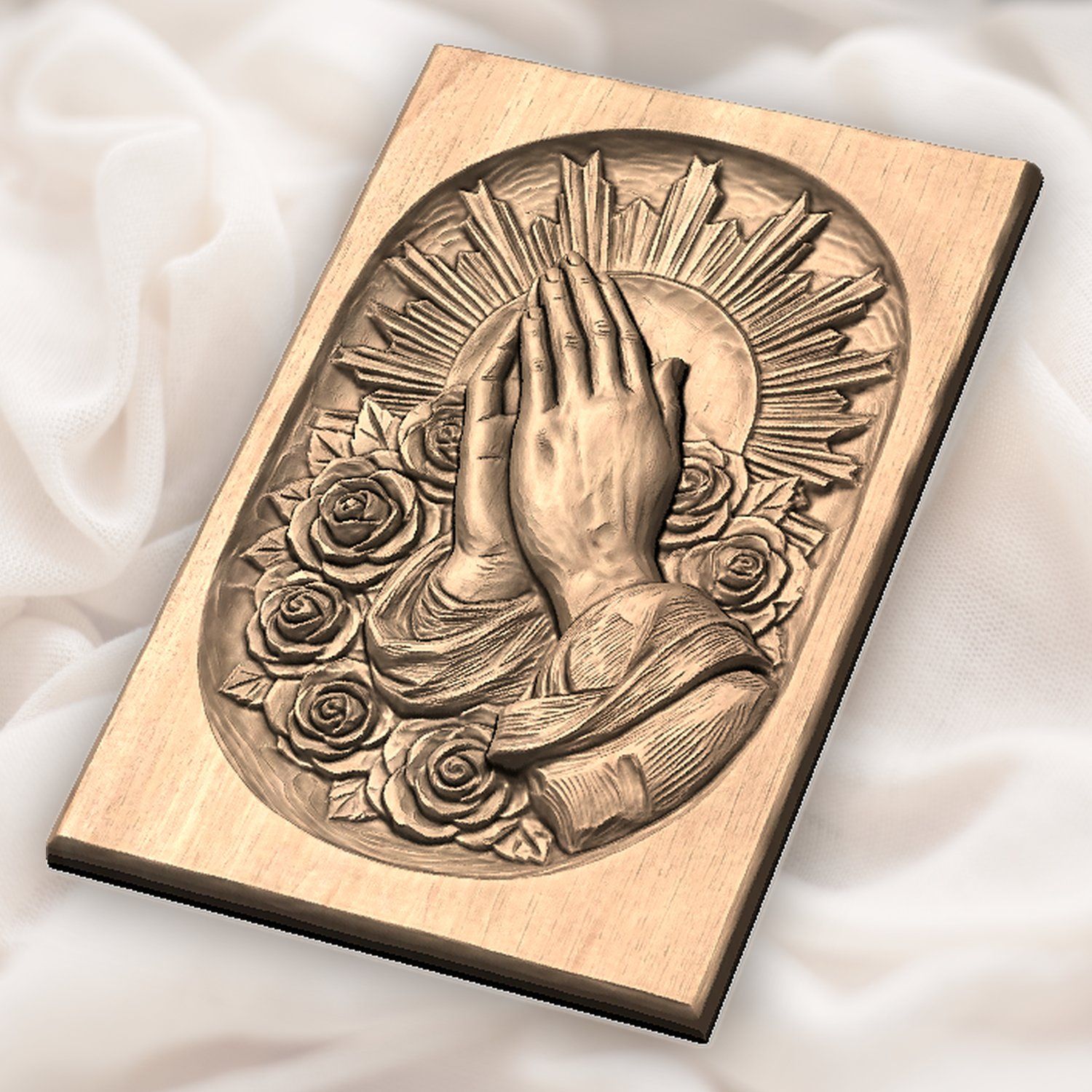 Praying Hands with Roses and Sunburst CNC Relief STL bas-relief STL — view 4