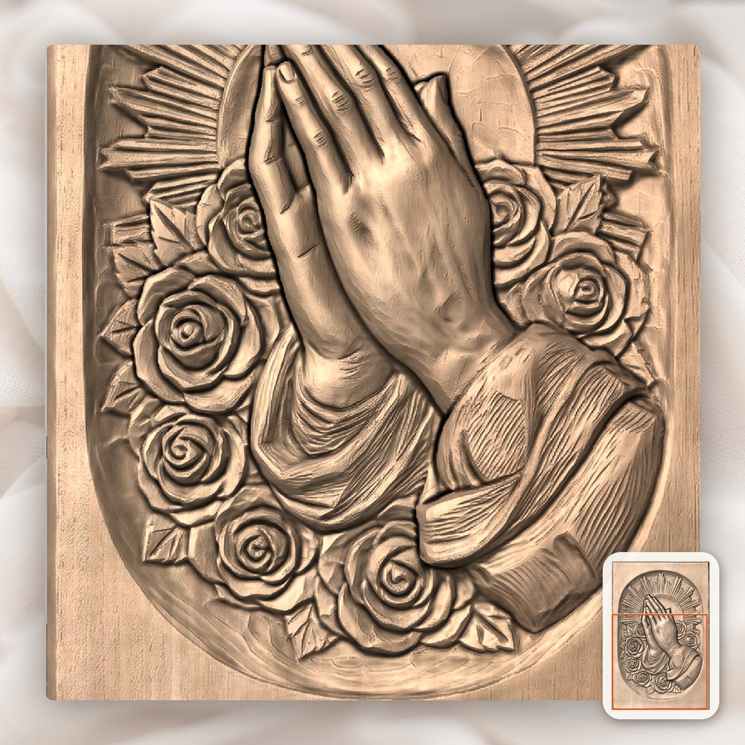 Praying Hands with Roses and Sunburst CNC Relief STL bas-relief STL — view 5