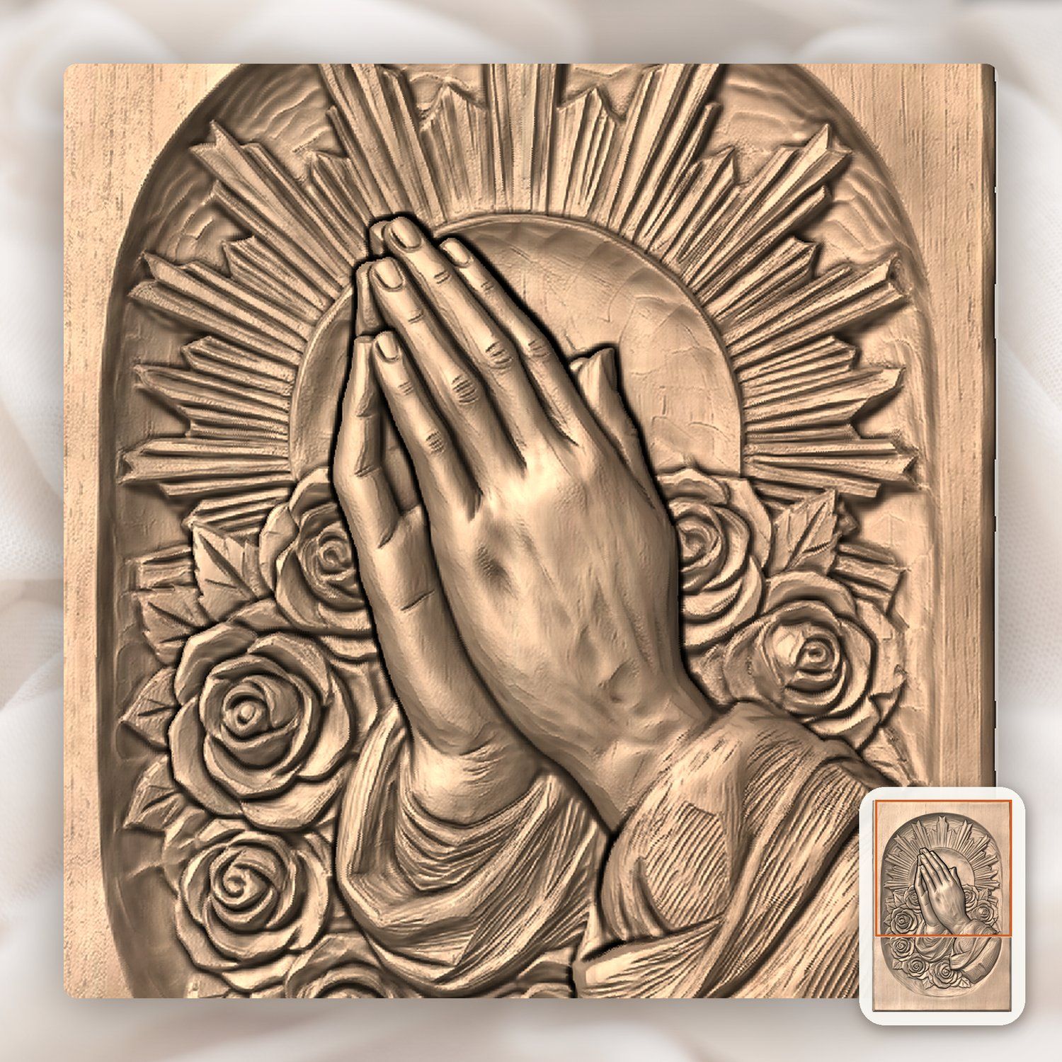 Praying Hands with Roses and Sunburst CNC Relief STL bas-relief STL — view 6