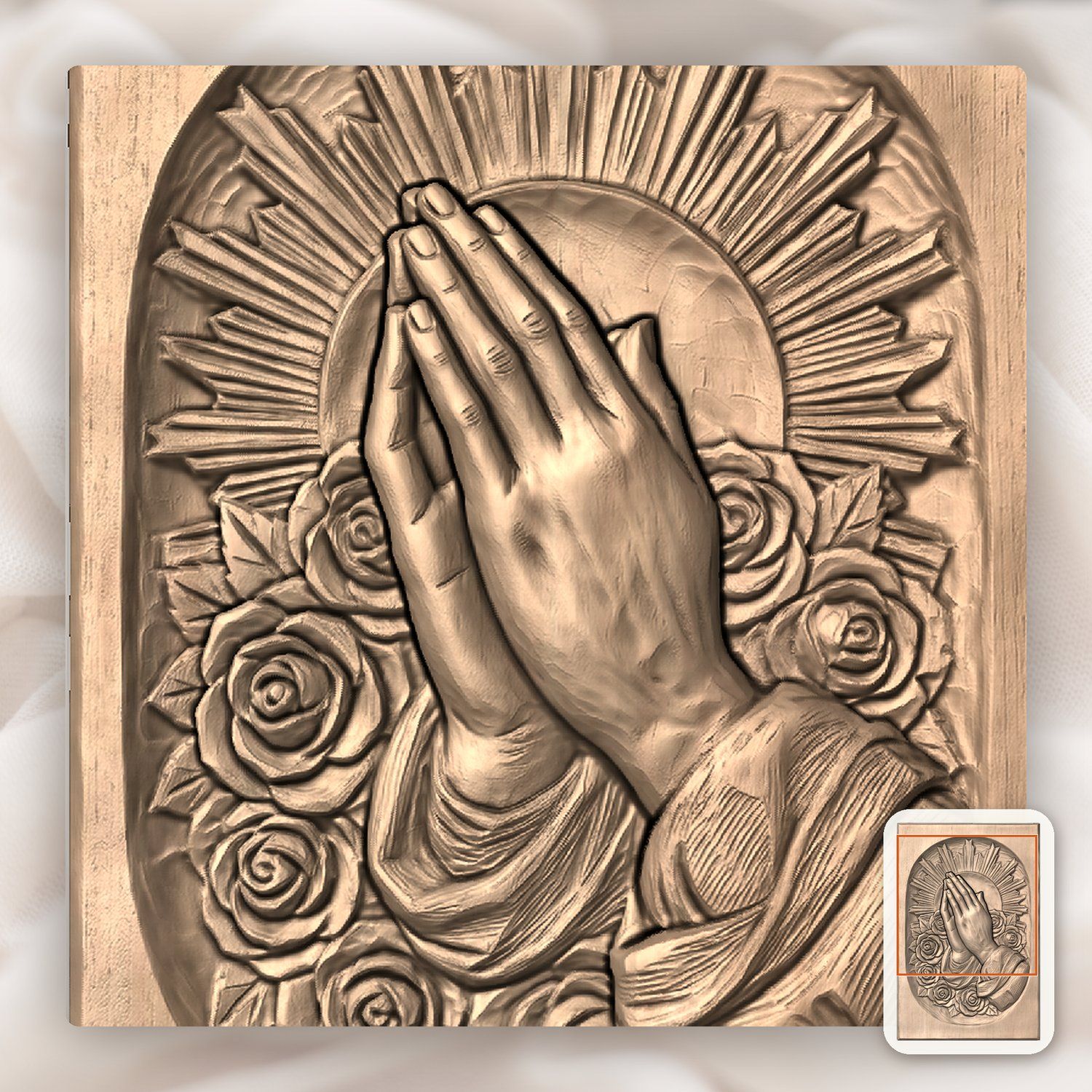 Praying Hands with Roses and Sunburst CNC Relief STL bas-relief STL — view 7