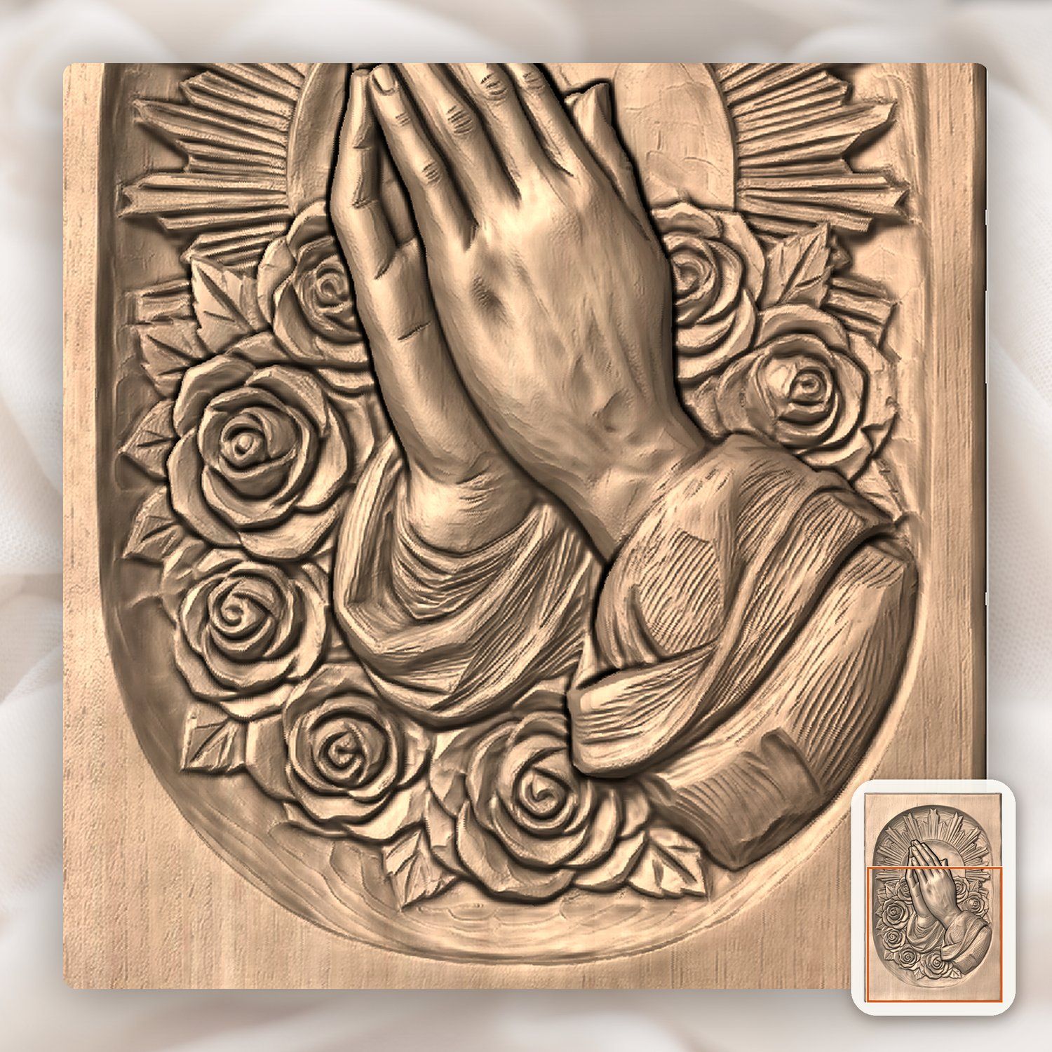 Praying Hands with Roses and Sunburst CNC Relief STL bas-relief STL — view 8