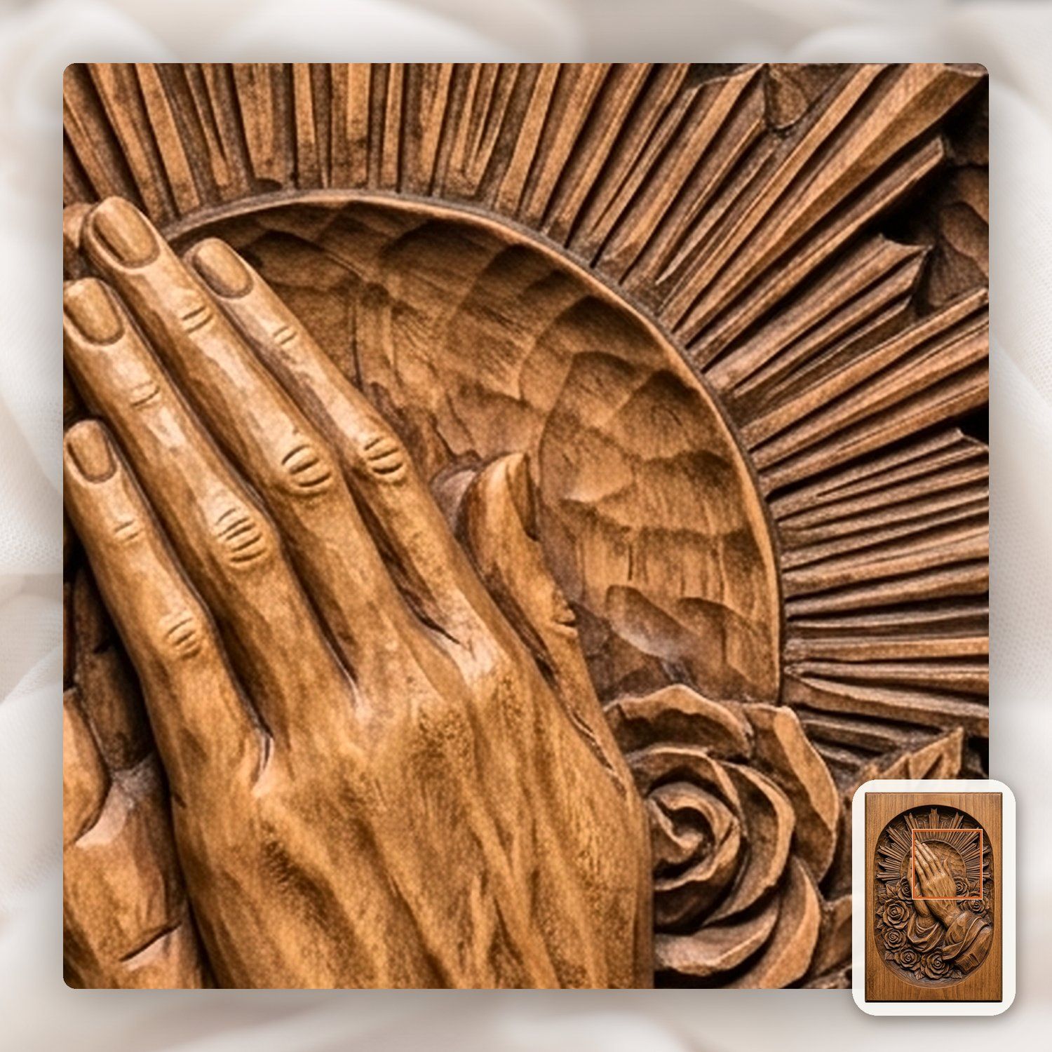 Praying Hands with Roses and Sunburst CNC Relief STL bas-relief STL — view 9