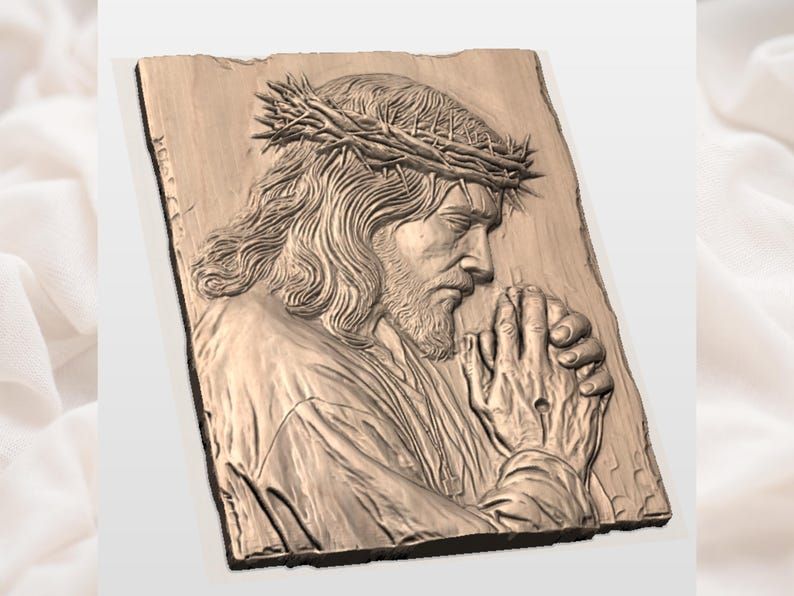 Praying Jesus with Crown of Thorns Bas-Relief STL bas-relief STL — view 2