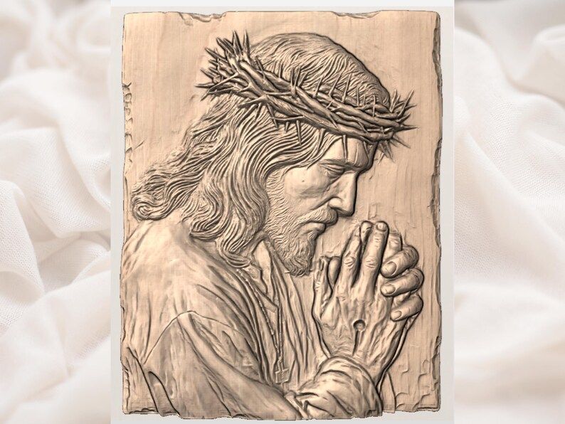 Praying Jesus with Crown of Thorns Bas-Relief STL bas-relief STL — view 3