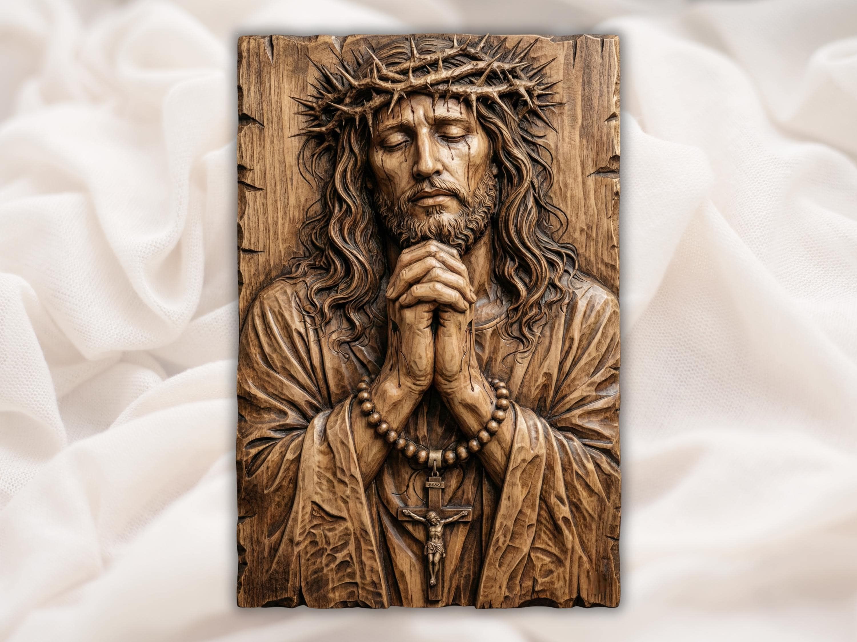 Wood bas-relief carving of Jesus praying with crown of thorns, clasped hands, rosary and crucifix